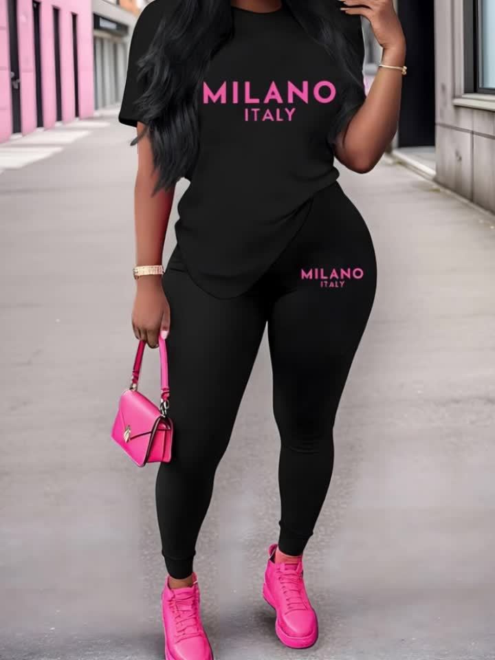Women's Plus Size "Milano Italy" Graphic Tee & Leggings Set