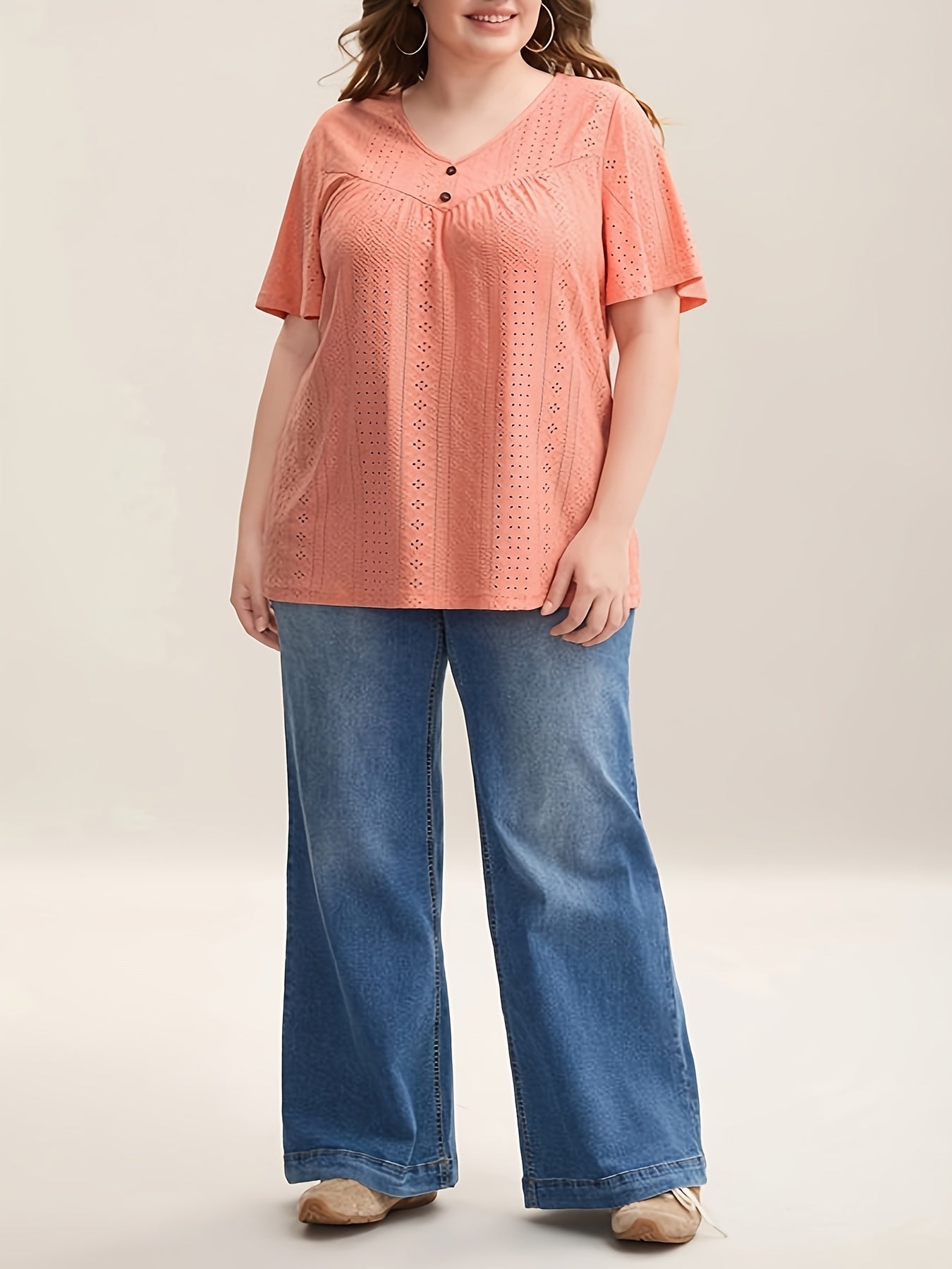 Plus Size Women's Elegant V-Neck Top with Faux Buttons