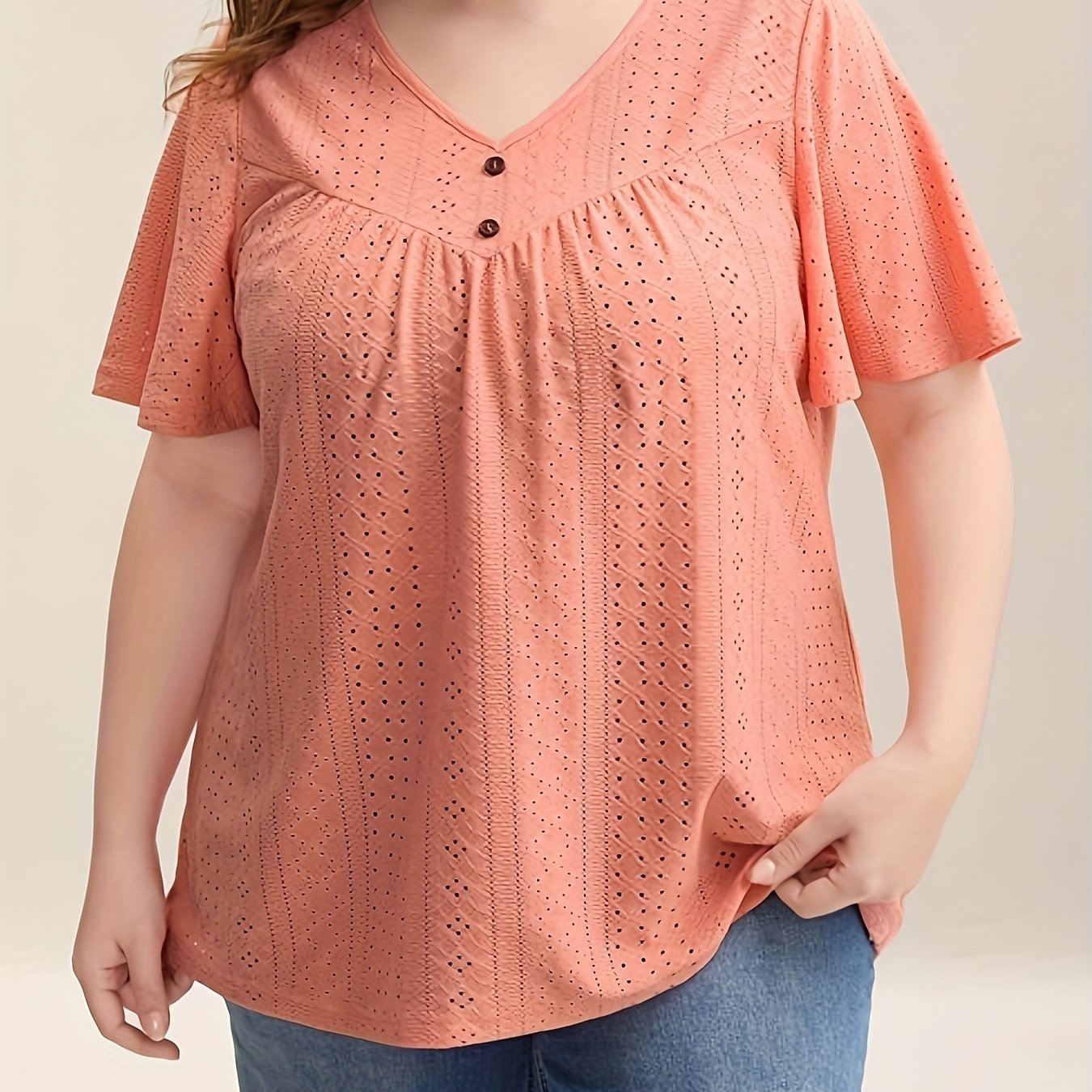 Plus Size Women's Elegant V-Neck Top with Faux Buttons