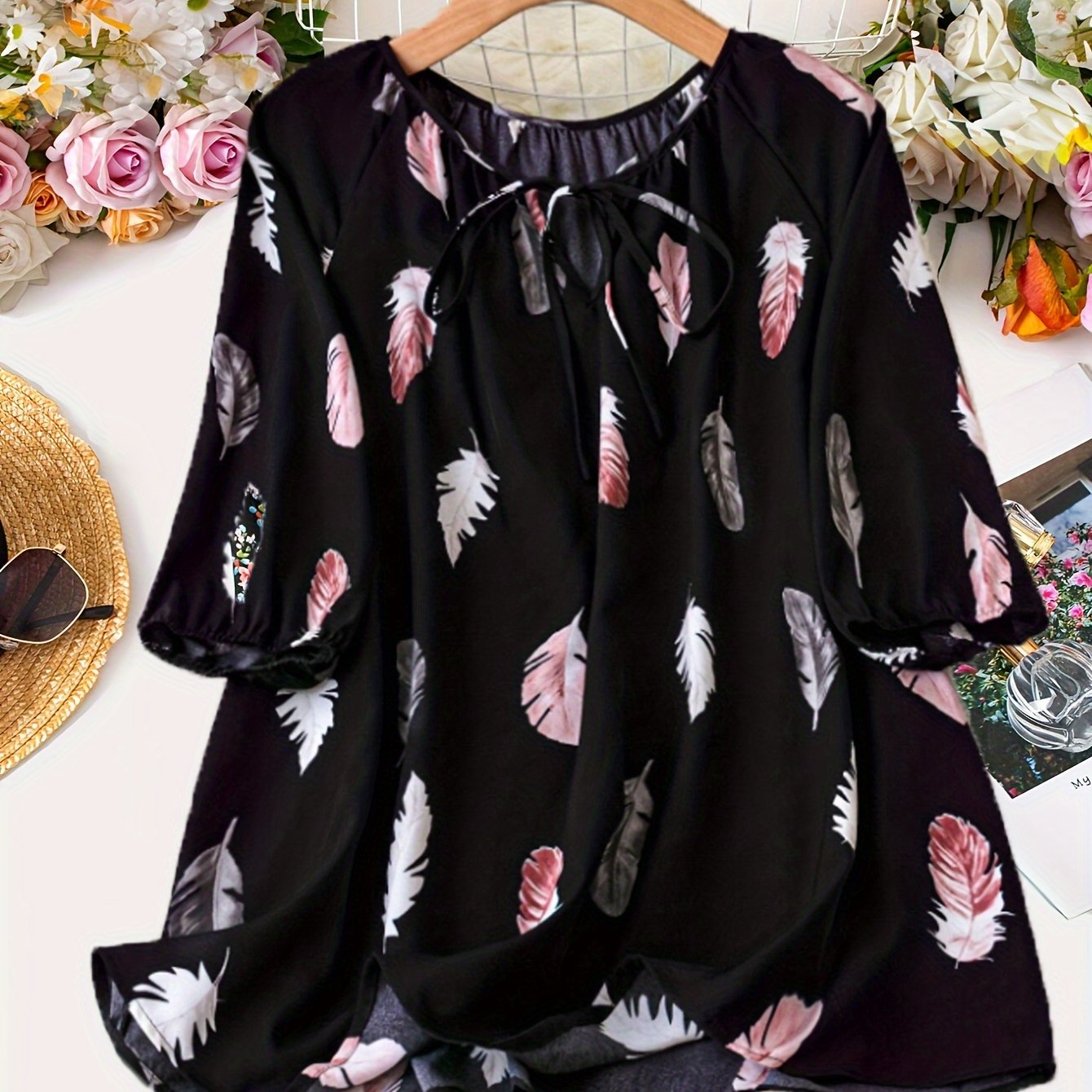 Elegant Notched Collar Shirting Blouse with Print, Non-Stretch