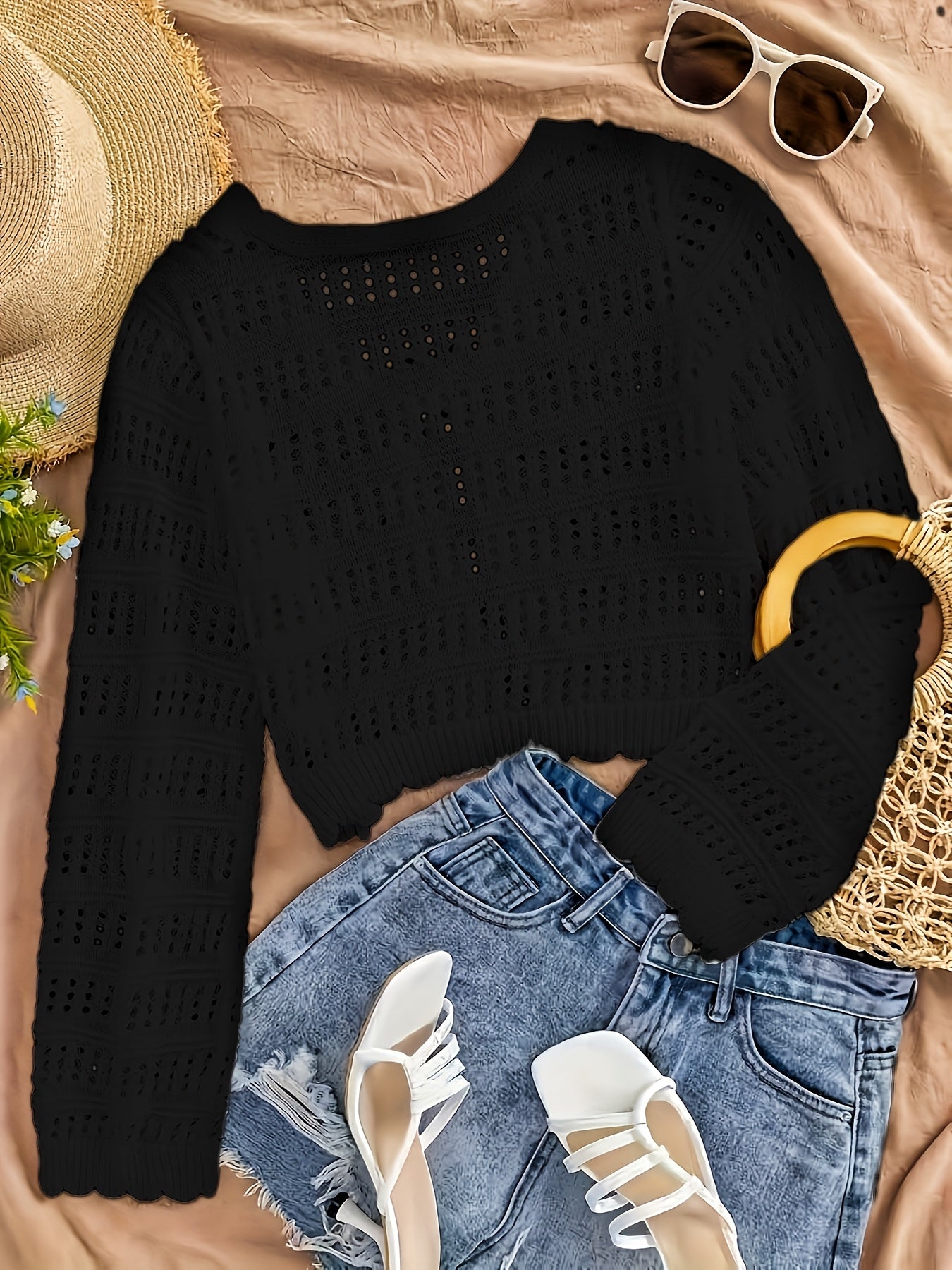 Women's Summer Semi-Sheer Lace Cardigan - V-Neck Crochet Cover-Up with Adjustable Tie Hem, Long Sleeve Beach Vacation Top, Breathable Open Front Design for Casual Outings, Beach Lace Cover Up, Summer Layering Piece, Crochet T