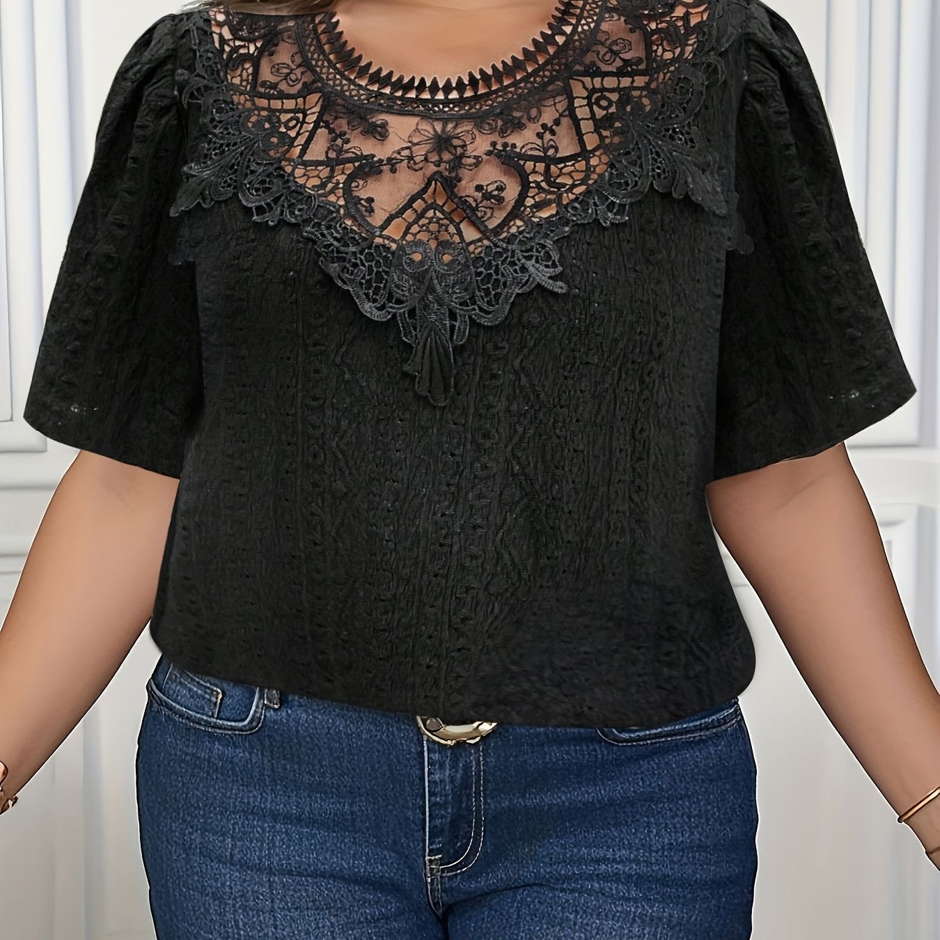 French-Inspired Floral Embroidery Lace Trim Short Sleeve Blouse