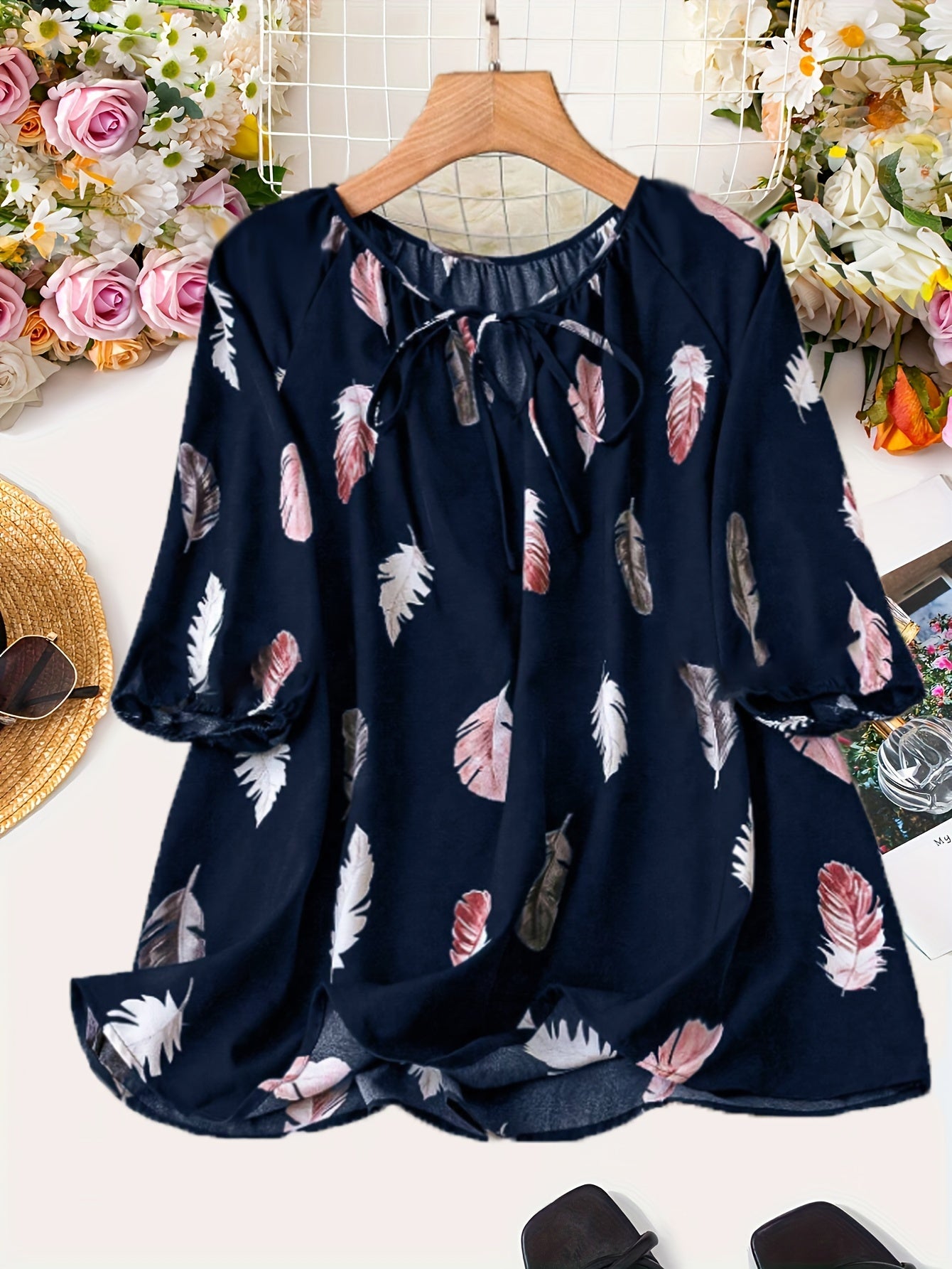 Elegant Notched Collar Shirting Blouse with Print, Non-Stretch