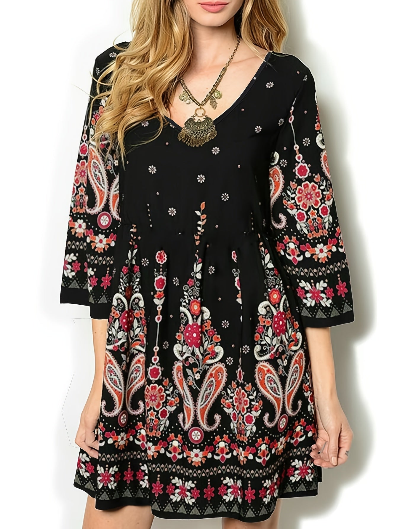 Vintage Paisley Print V-Neck Peplum Dress with Three-Quarter Sleeves