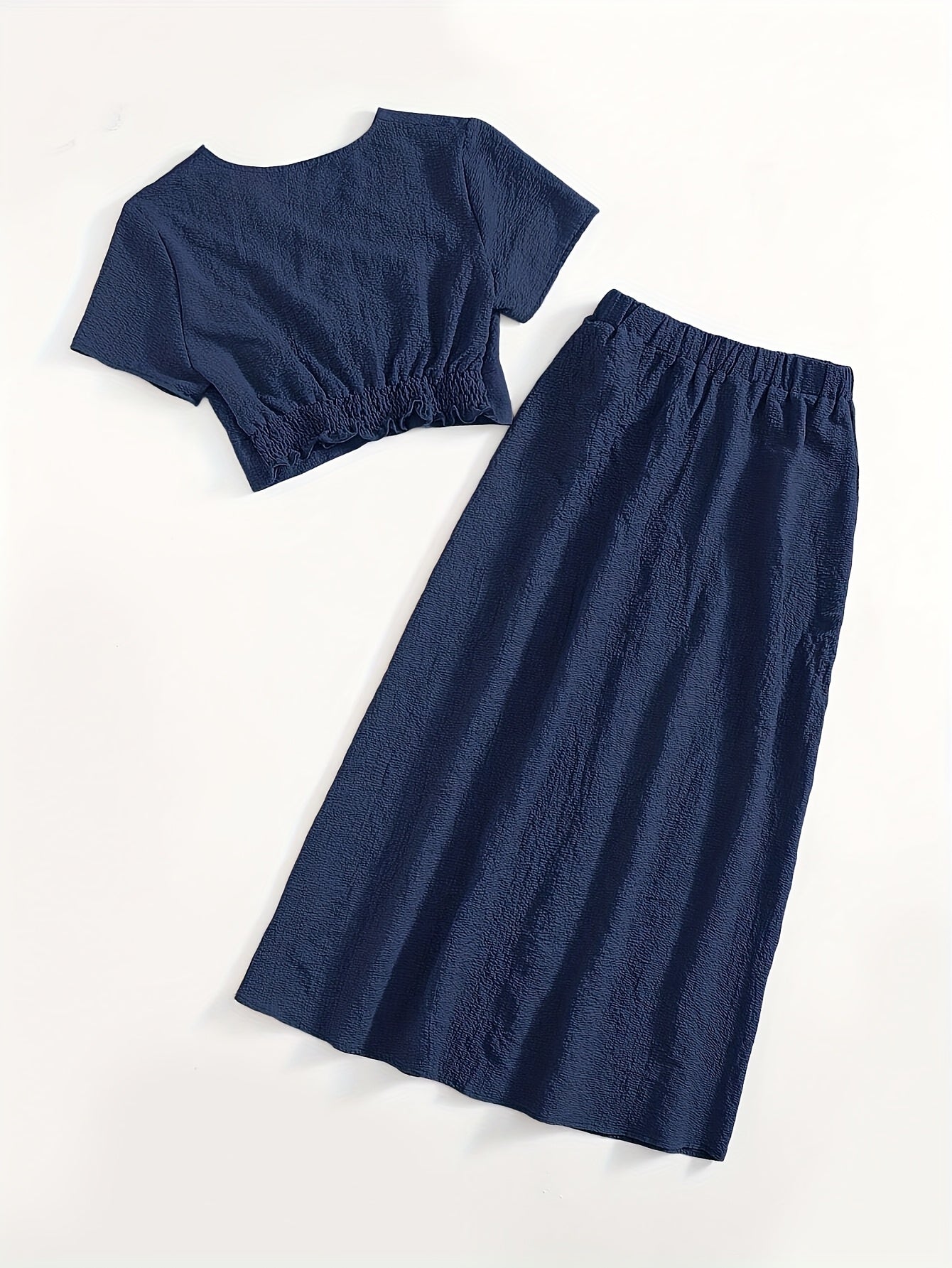 Simple Casual Two-Piece Set with Textured Short Button Front Shirt and Elastic Waist Skirt