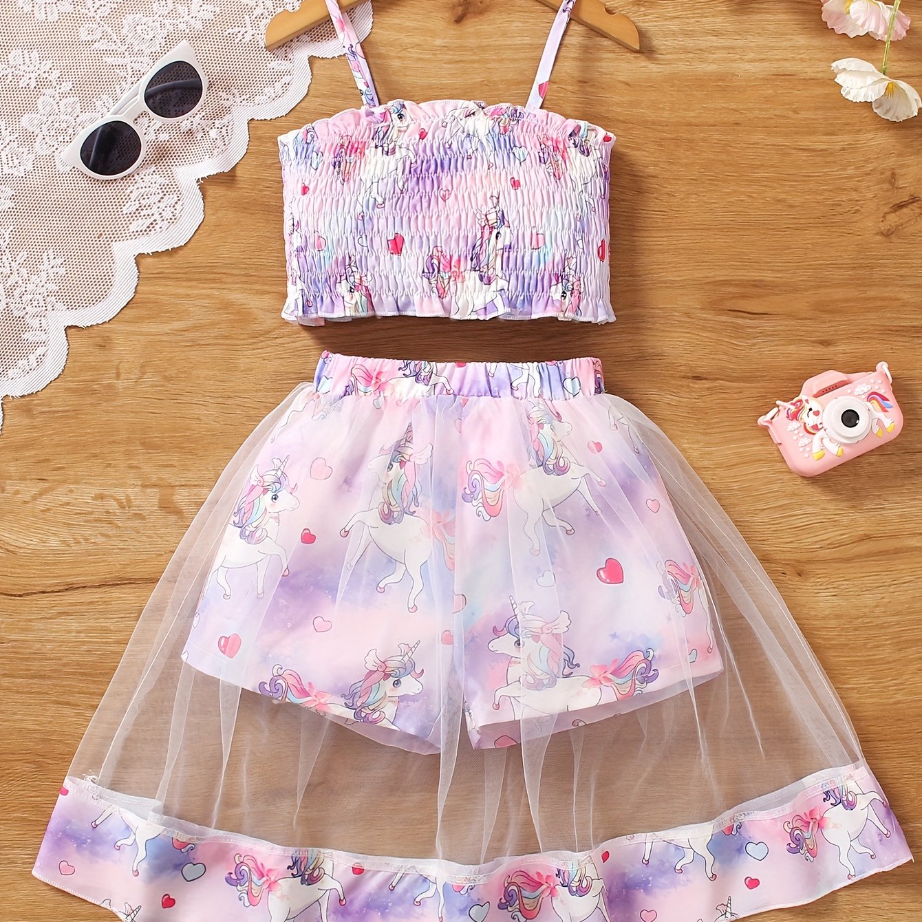 Girls' Two-Piece Set with Spaghetti Strap Butterfly Print Top
