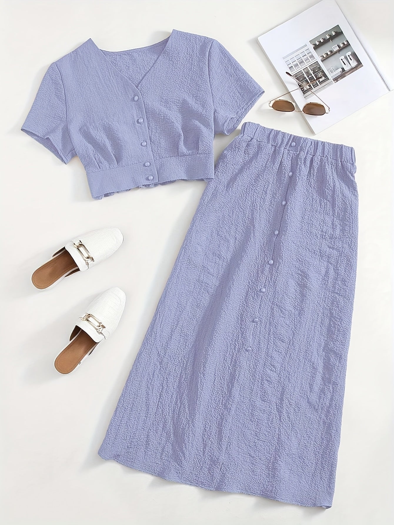 Simple Casual Two-Piece Set with Textured Short Button Front Shirt and Elastic Waist Skirt