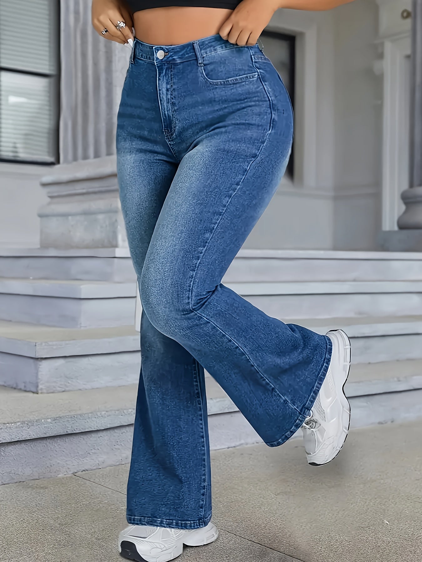 Women's Plus Size Fashion Flare Jeans, Elegant Solid Color Denim