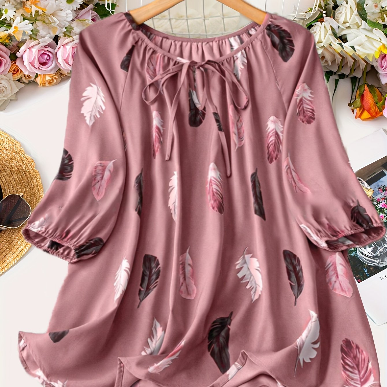 Elegant Notched Collar Shirting Blouse with Print, Non-Stretch