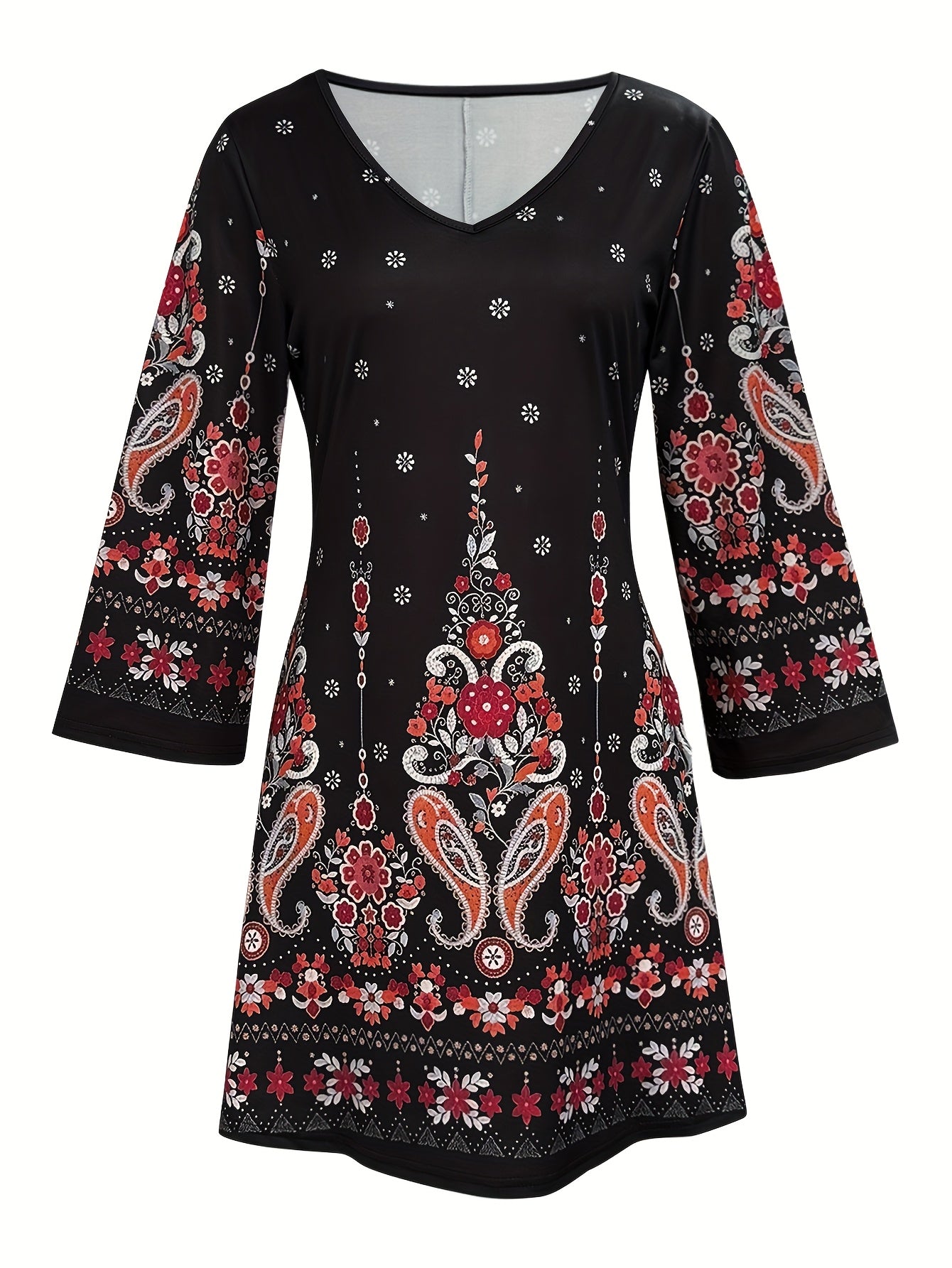Vintage Paisley Print V-Neck Peplum Dress with Three-Quarter Sleeves