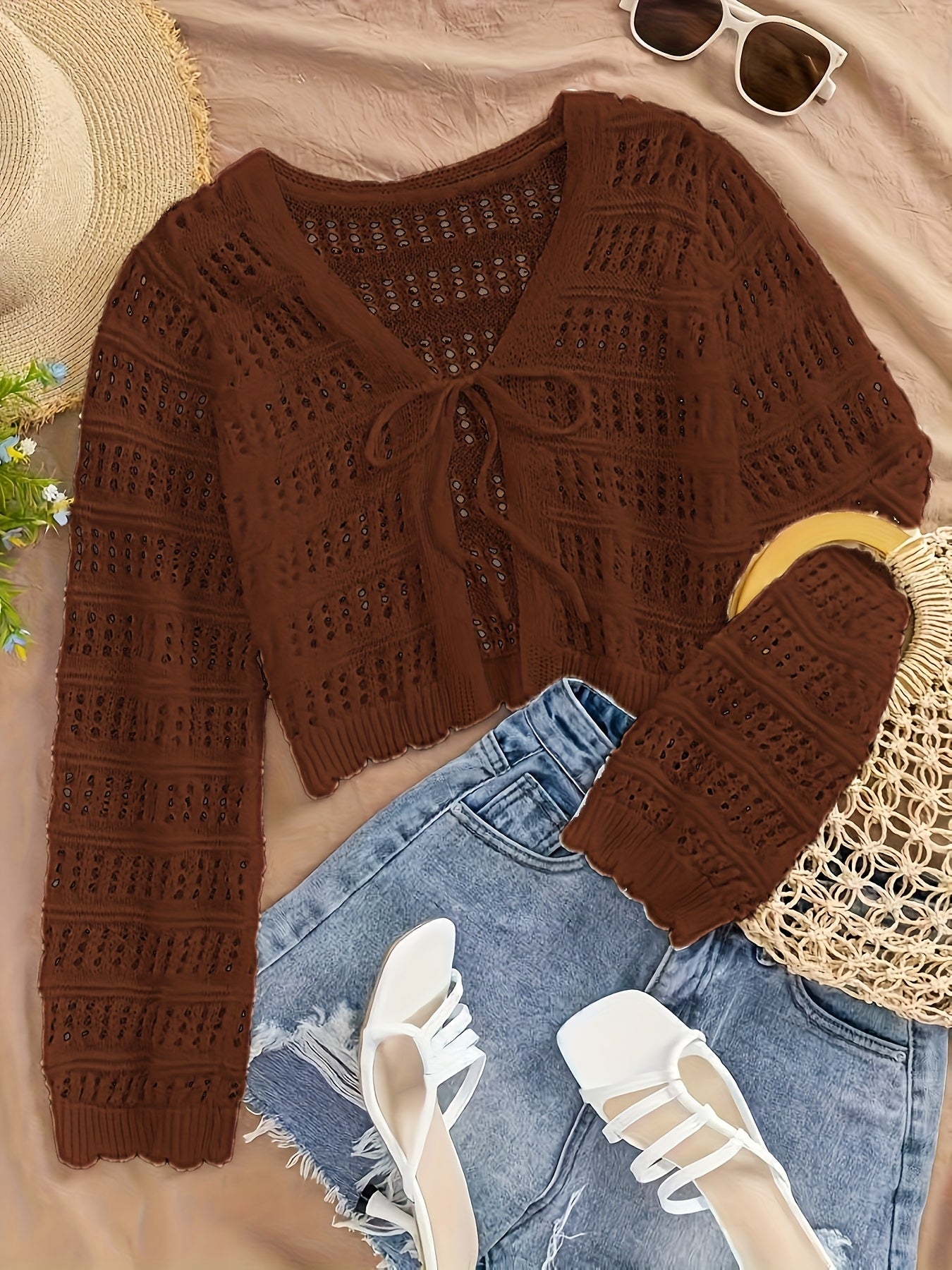 Women's Summer Semi-Sheer Lace Cardigan - V-Neck Crochet Cover-Up with Adjustable Tie Hem, Long Sleeve Beach Vacation Top, Breathable Open Front Design for Casual Outings, Beach Lace Cover Up, Summer Layering Piece, Crochet T
