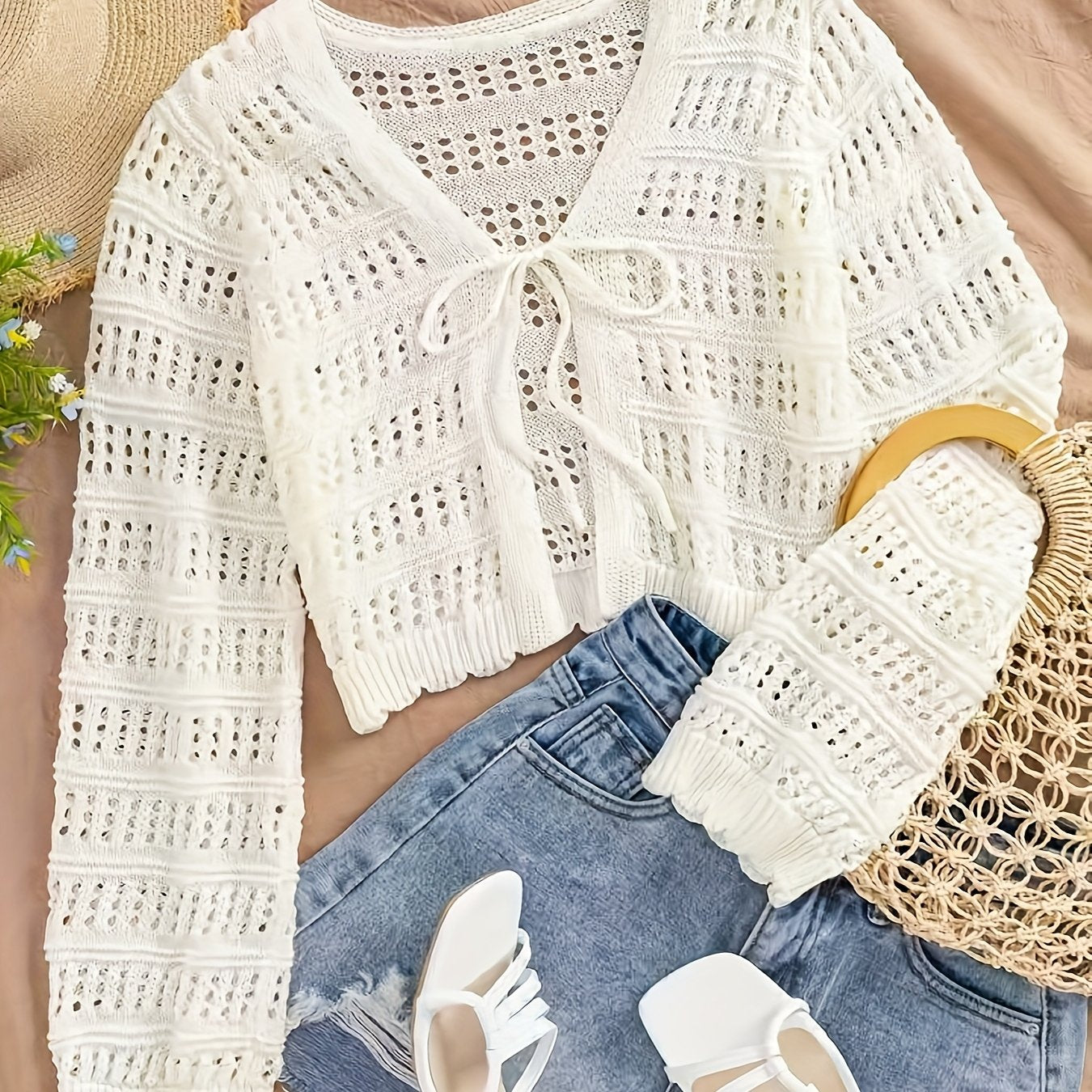 Women's Summer Semi-Sheer Lace Cardigan - V-Neck Crochet Cover-Up with Adjustable Tie Hem, Long Sleeve Beach Vacation Top, Breathable Open Front Design for Casual Outings, Beach Lace Cover Up, Summer Layering Piece, Crochet T