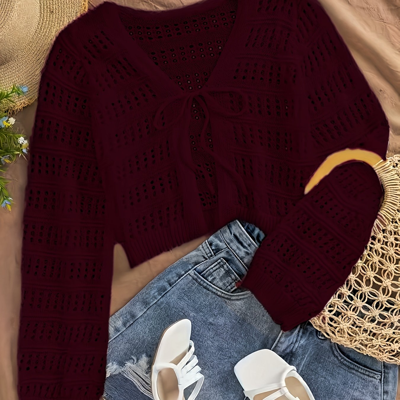 Women's Summer Semi-Sheer Lace Cardigan - V-Neck Crochet Cover-Up with Adjustable Tie Hem, Long Sleeve Beach Vacation Top, Breathable Open Front Design for Casual Outings, Beach Lace Cover Up, Summer Layering Piece, Crochet T