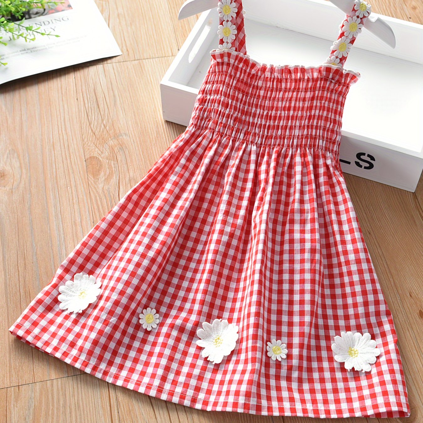 Girls' New Summer Daisy Plaid Casual Dress