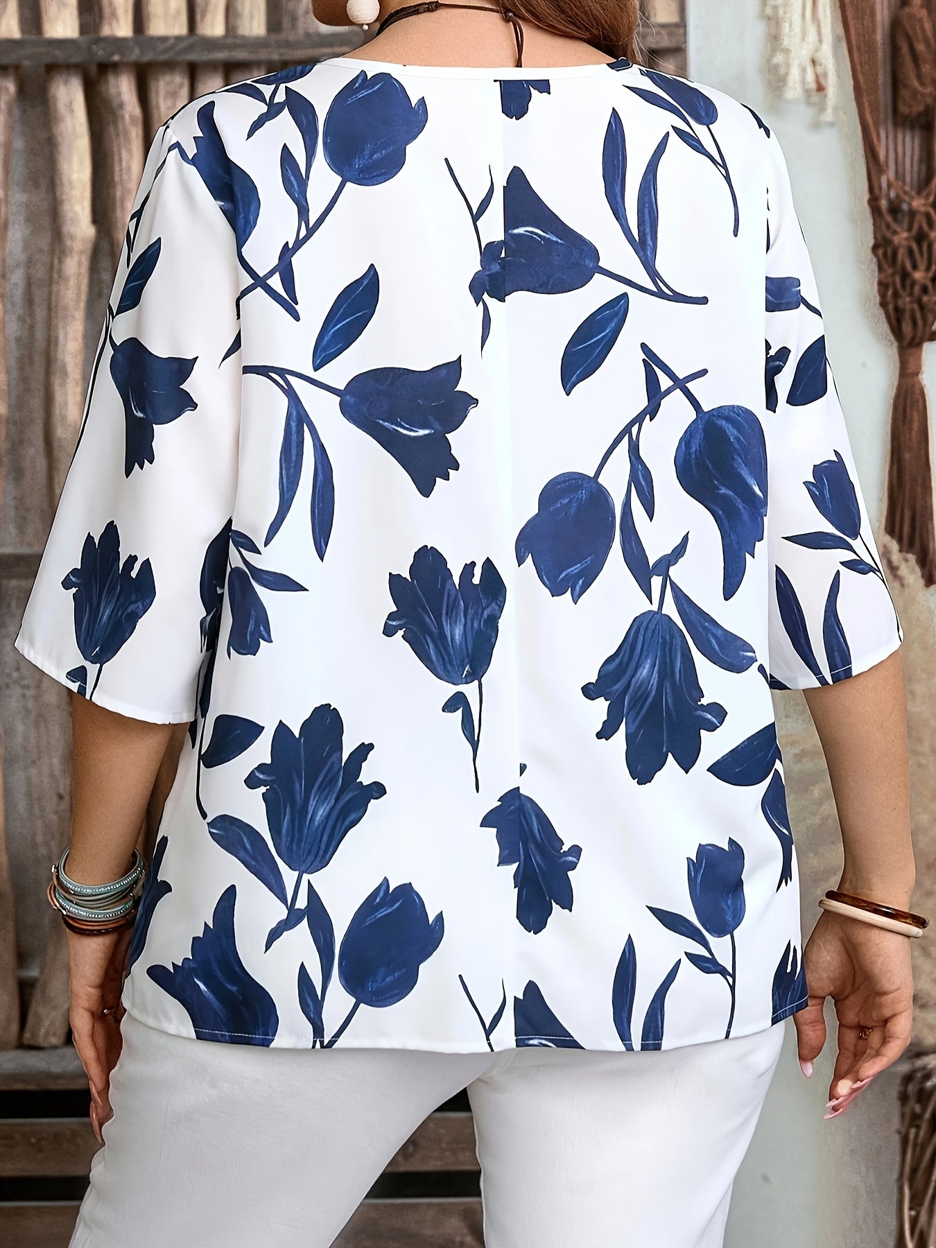 Elegant Printed Loose Button-Decorated Short Sleeve Blouse