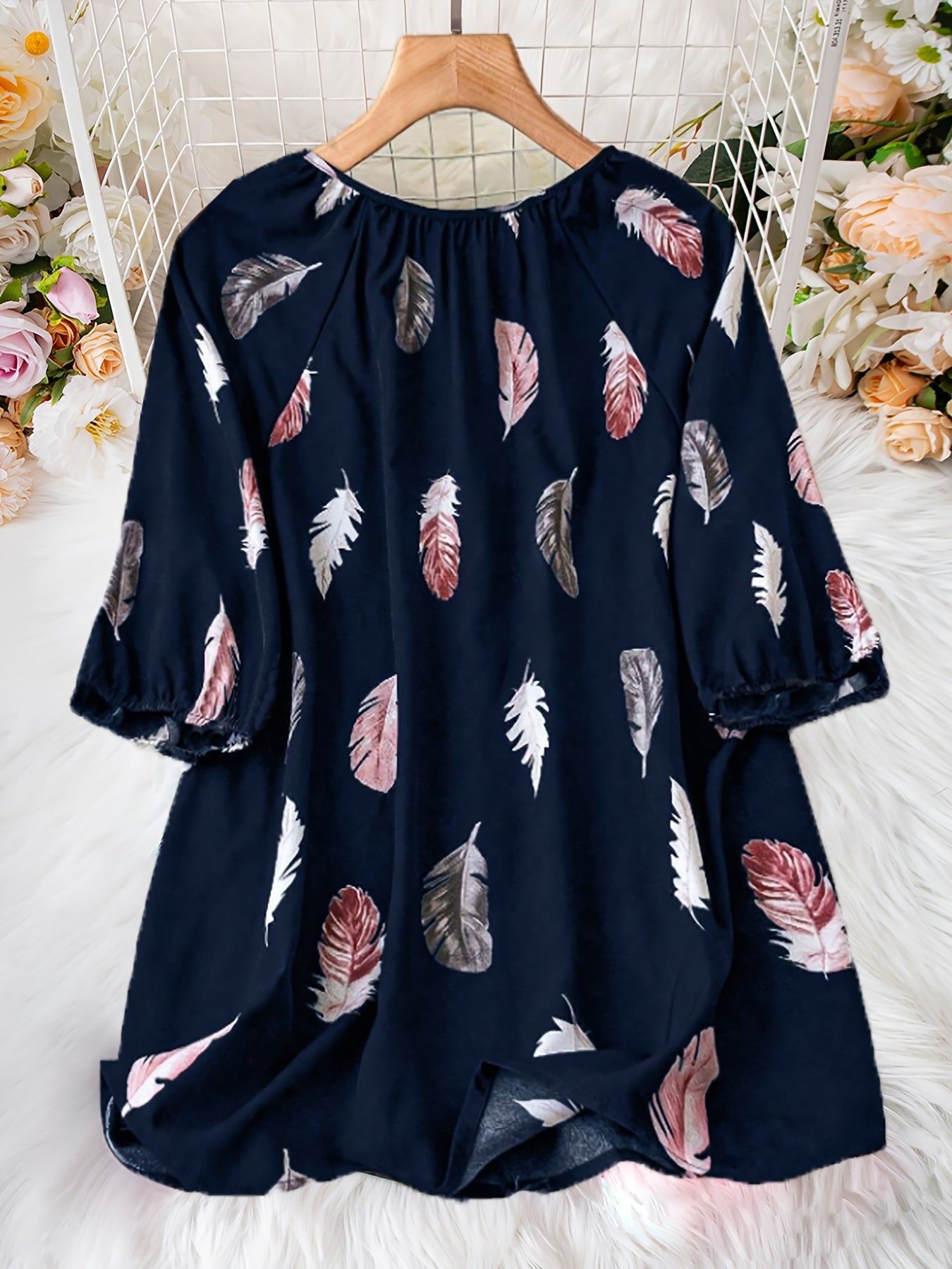 Elegant Notched Collar Shirting Blouse with Print, Non-Stretch