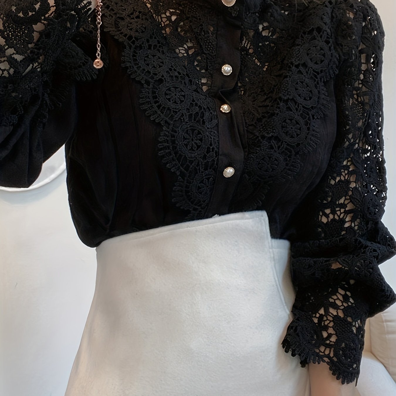 Elegant Women's Pleated Blouse with Sheer Lace