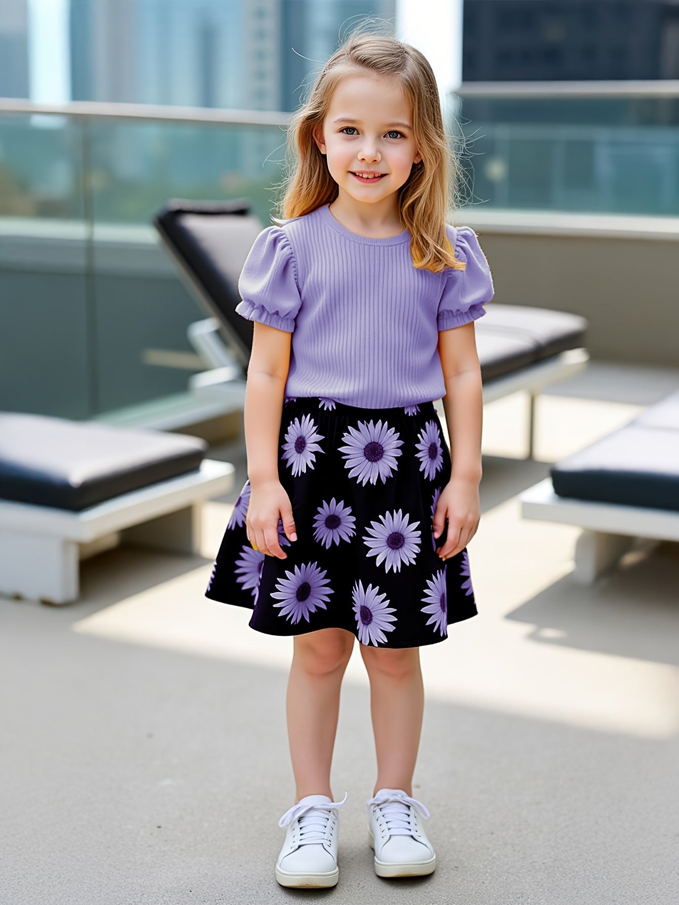 Girls' Sunflower Print Short Sleeve Top + Skirt Set