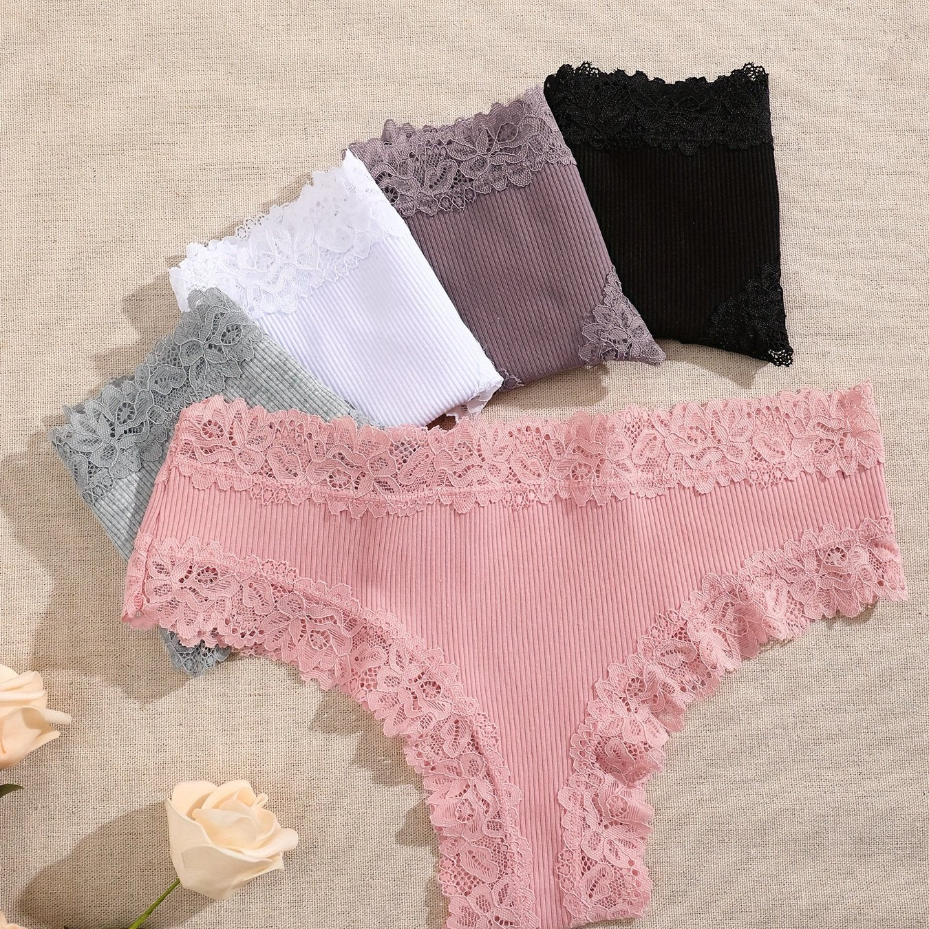 5pcs Solid Lace Trim Briefs, Comfy & Breathable Intimate Panties, Women's Lingerie & Underwear