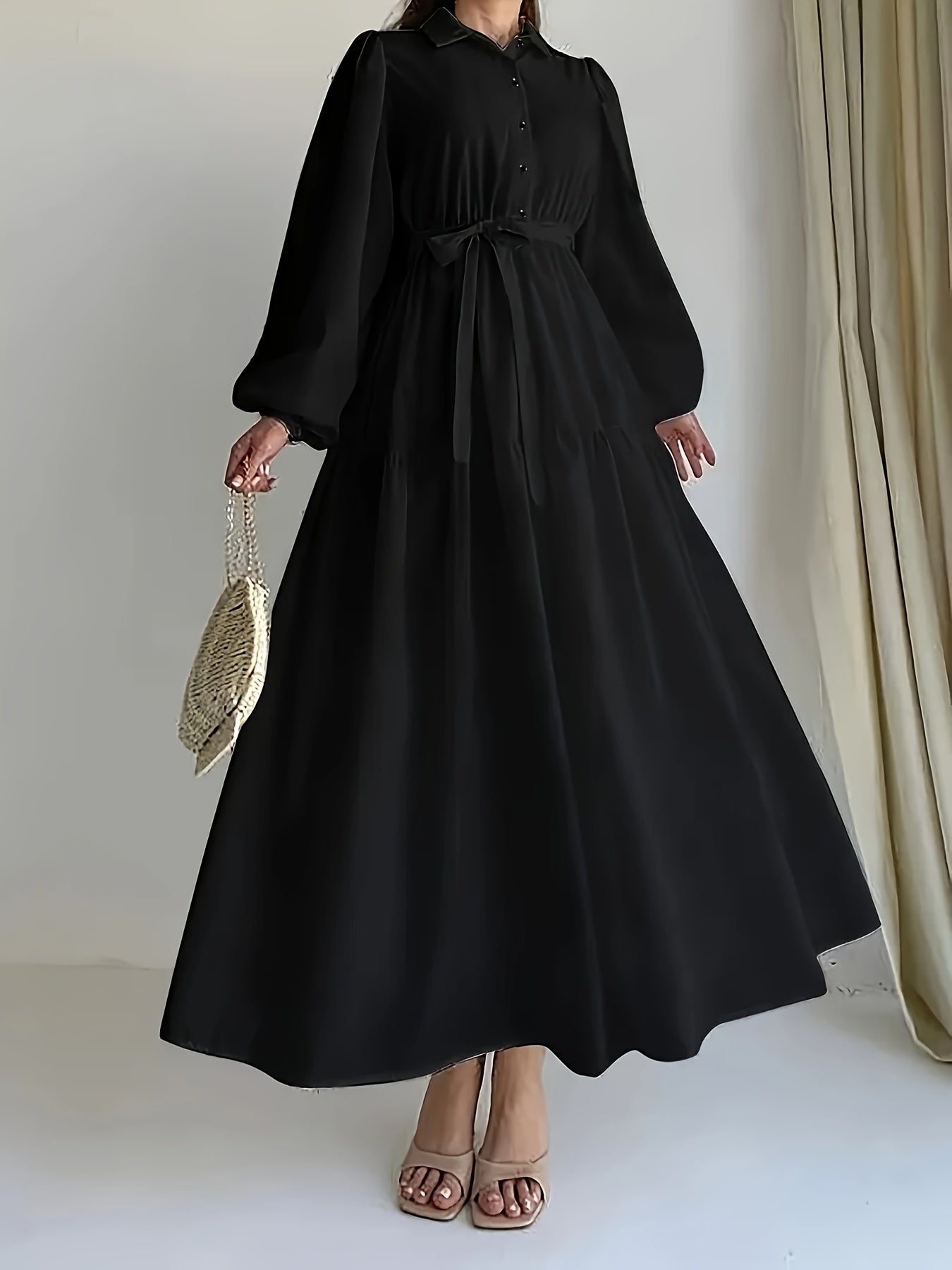 Women's Elegant Red Rose Print Long Sleeve Dress