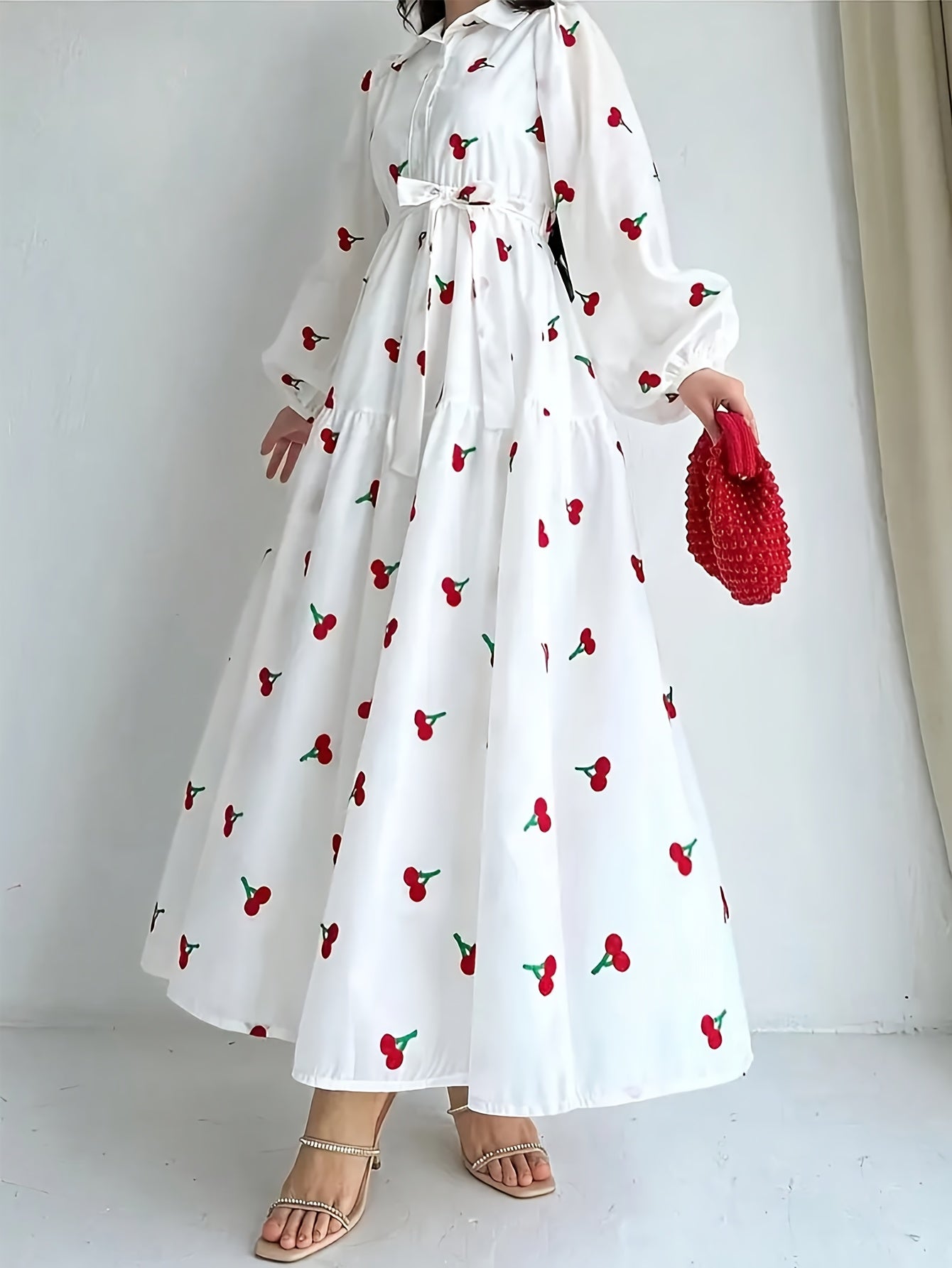 Women's Elegant Red Rose Print Long Sleeve Dress