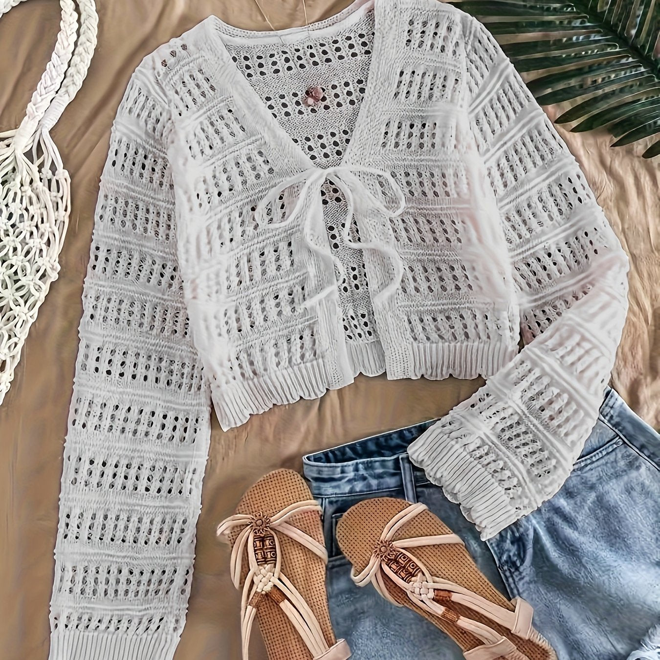 Women's Summer Semi-Sheer Lace Cardigan - V-Neck Crochet Cover-Up with Adjustable Tie Hem, Long Sleeve Beach Vacation Top, Breathable Open Front Design for Casual Outings, Beach Lace Cover Up, Summer Layering Piece, Crochet T