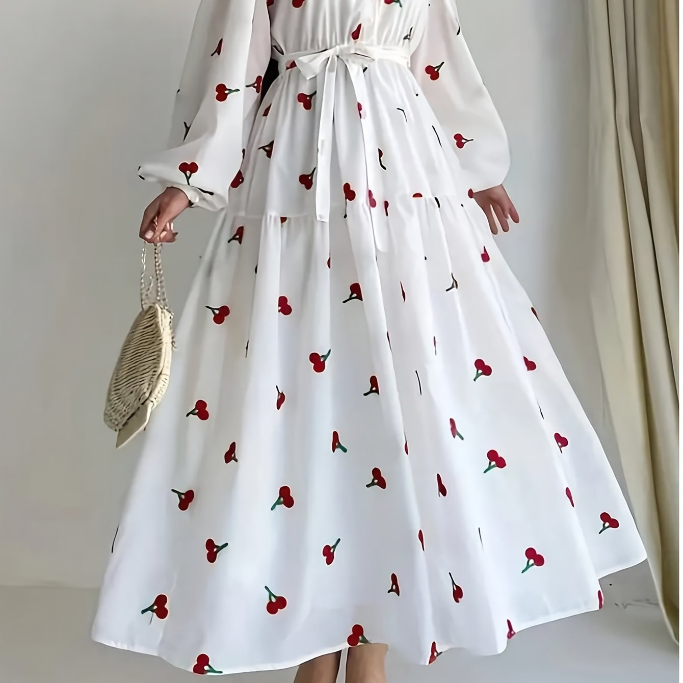 Women's Elegant Red Rose Print Long Sleeve Dress