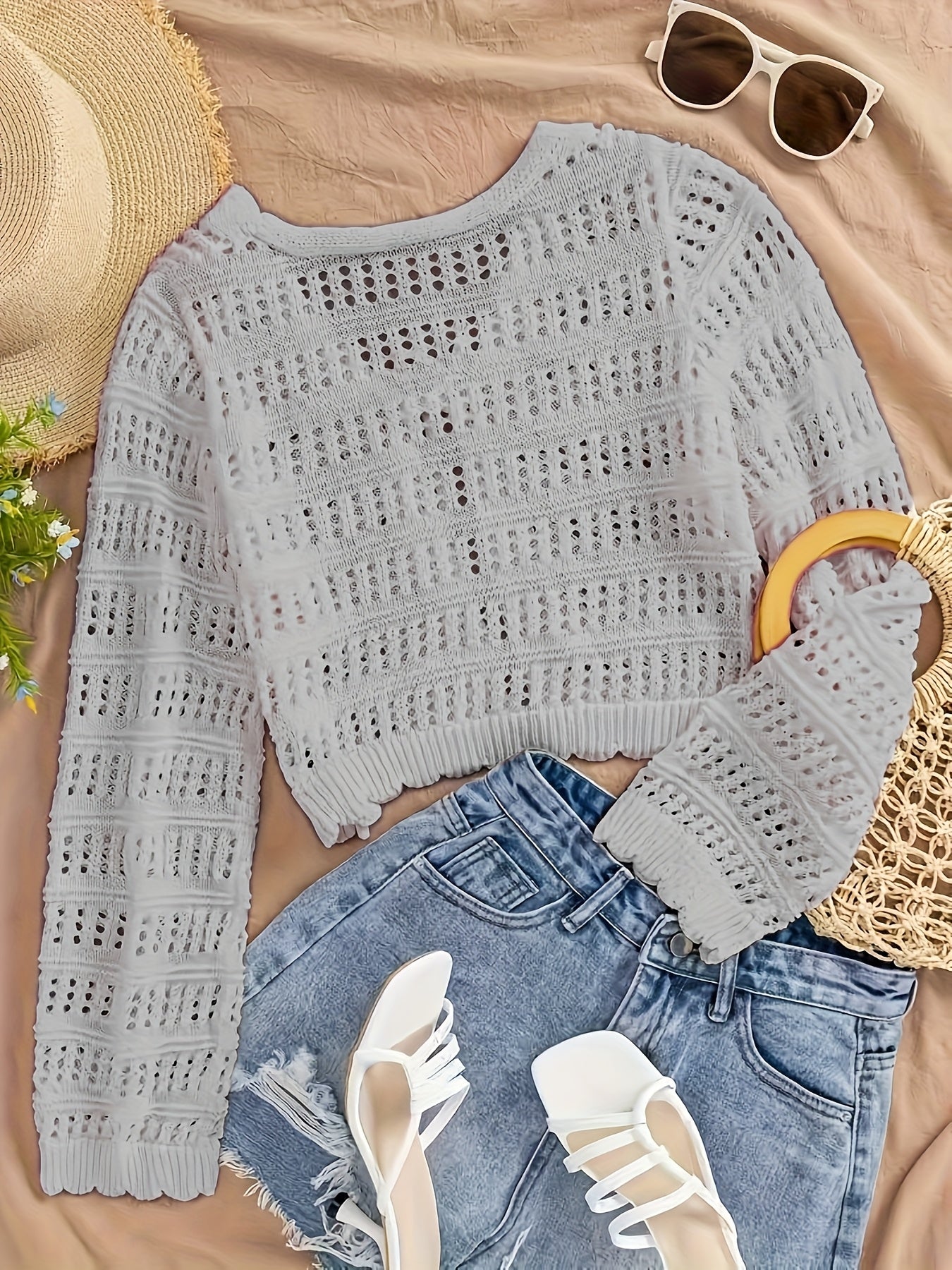 Women's Summer Semi-Sheer Lace Cardigan - V-Neck Crochet Cover-Up with Adjustable Tie Hem, Long Sleeve Beach Vacation Top, Breathable Open Front Design for Casual Outings, Beach Lace Cover Up, Summer Layering Piece, Crochet T