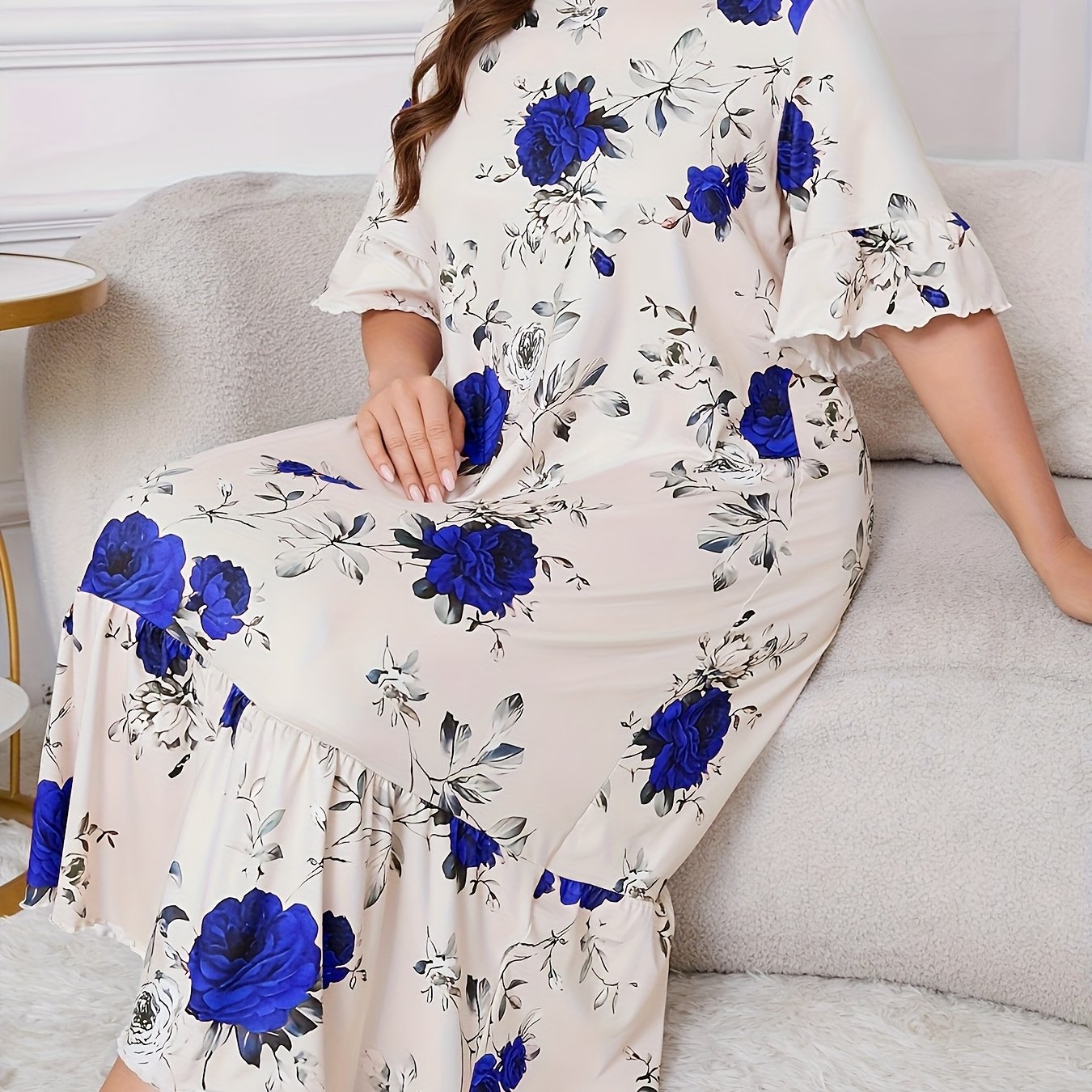 Elegant Floral Print Plus Size Nightgown