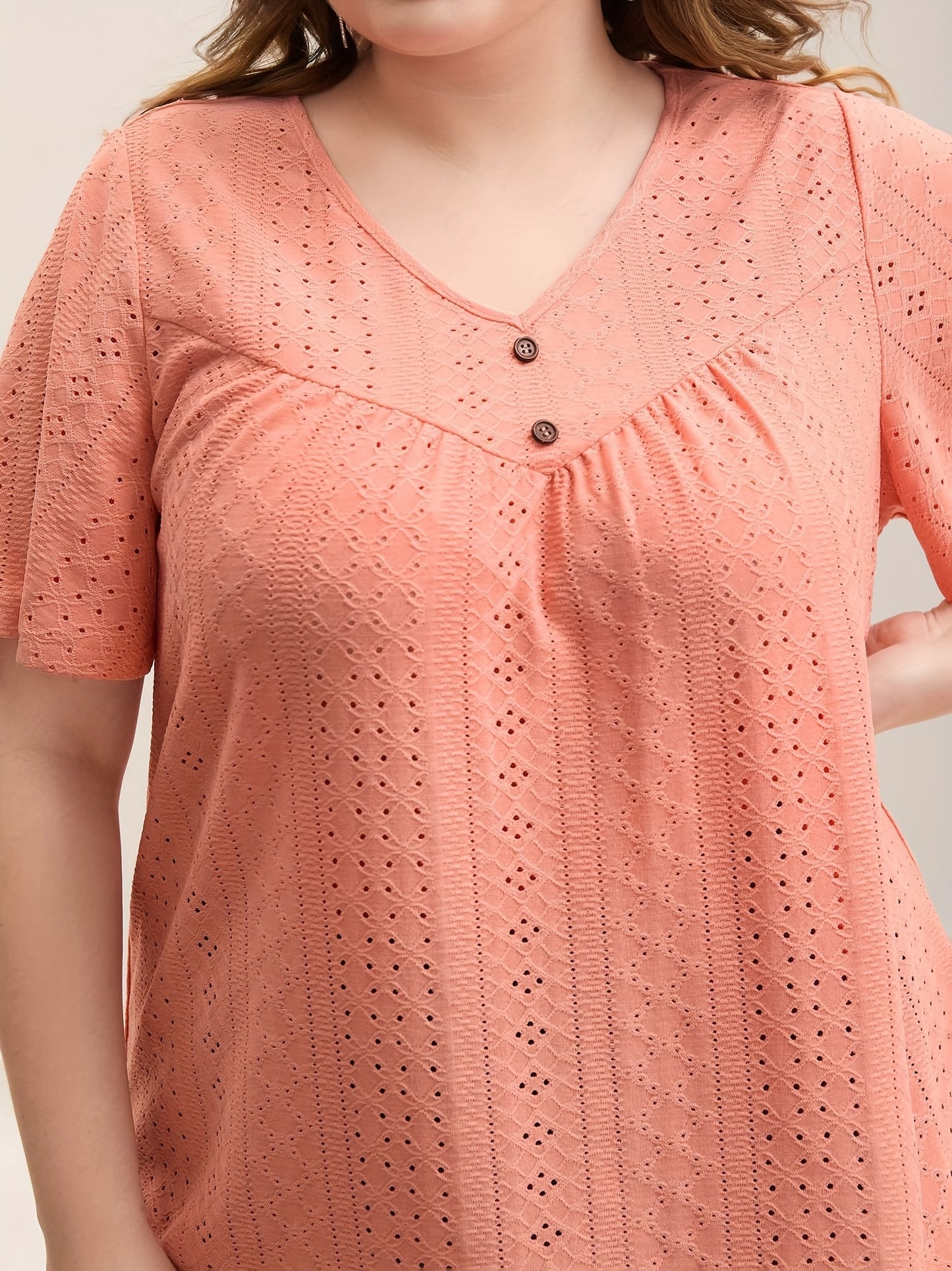 Plus Size Women's Elegant V-Neck Top with Faux Buttons