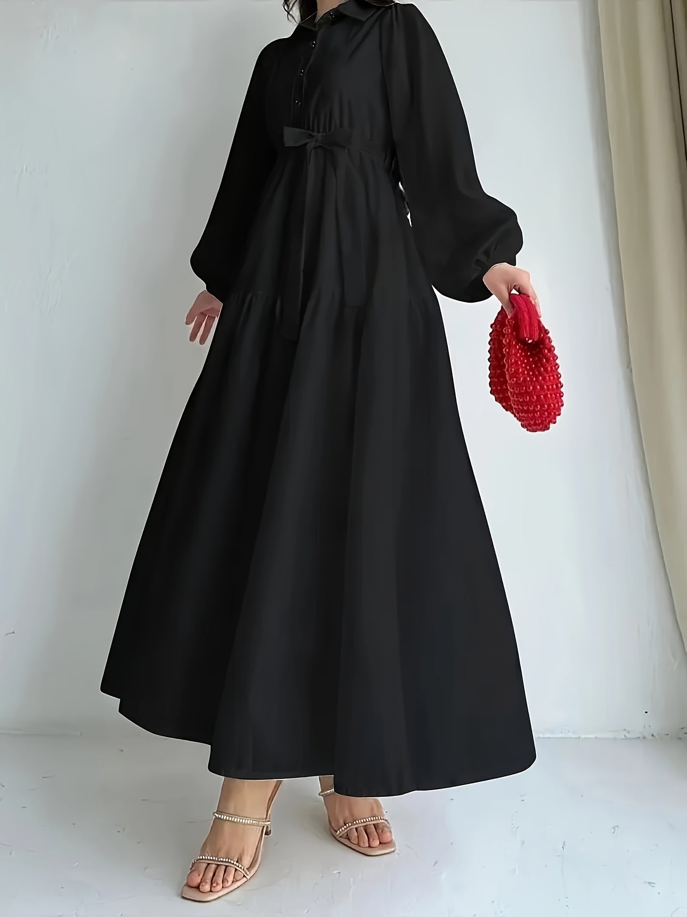 Women's Elegant Red Rose Print Long Sleeve Dress