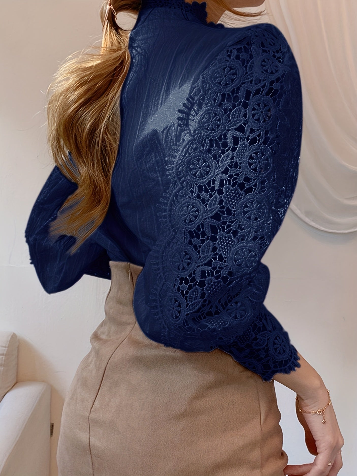Elegant Women's Pleated Blouse with Sheer Lace