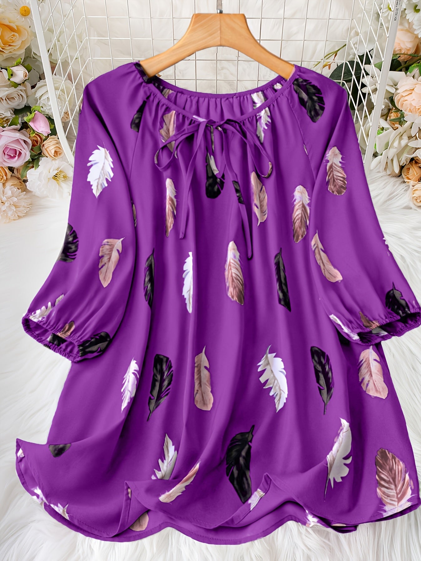Elegant Notched Collar Shirting Blouse with Print, Non-Stretch