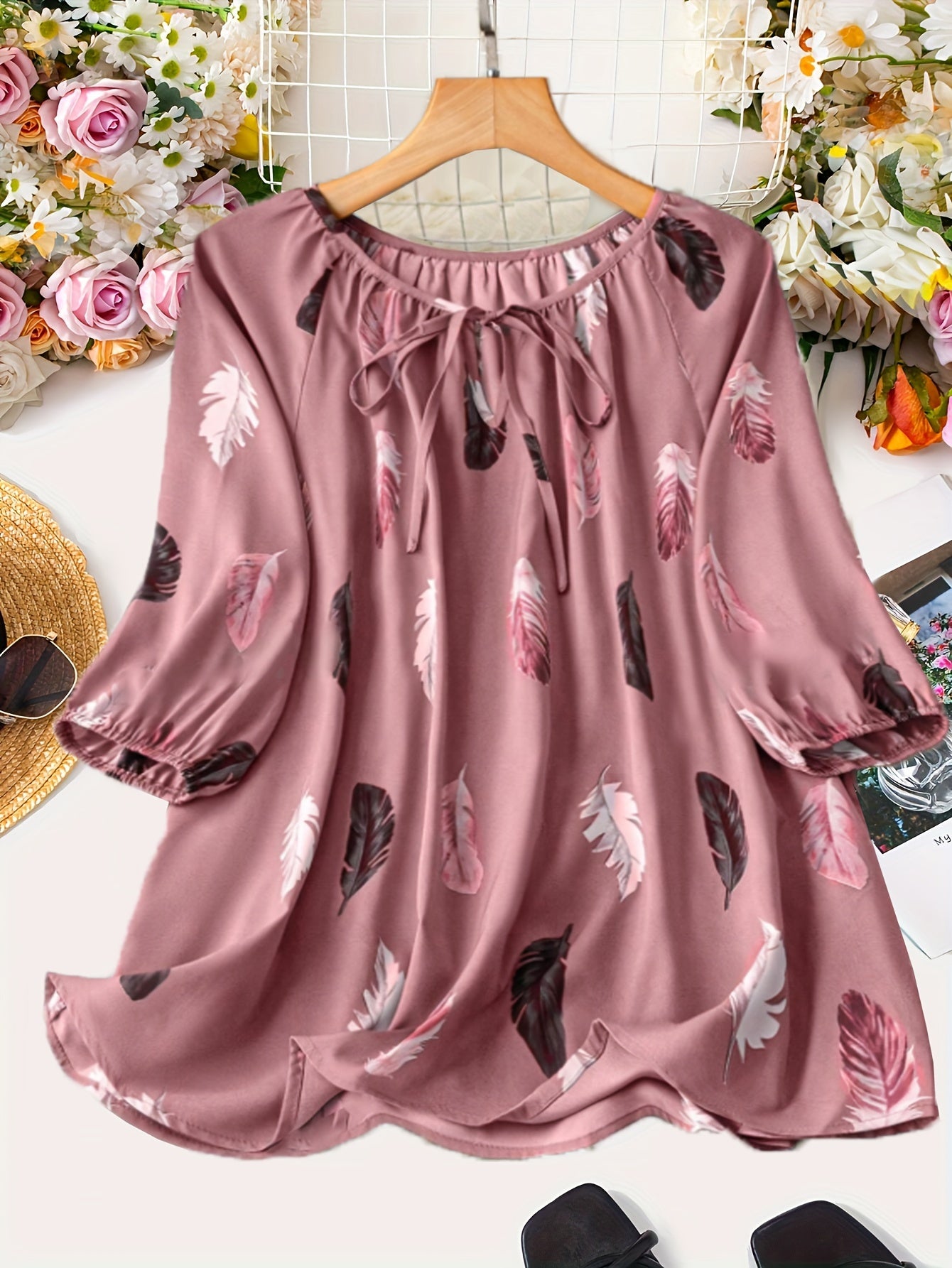 Elegant Notched Collar Shirting Blouse with Print, Non-Stretch