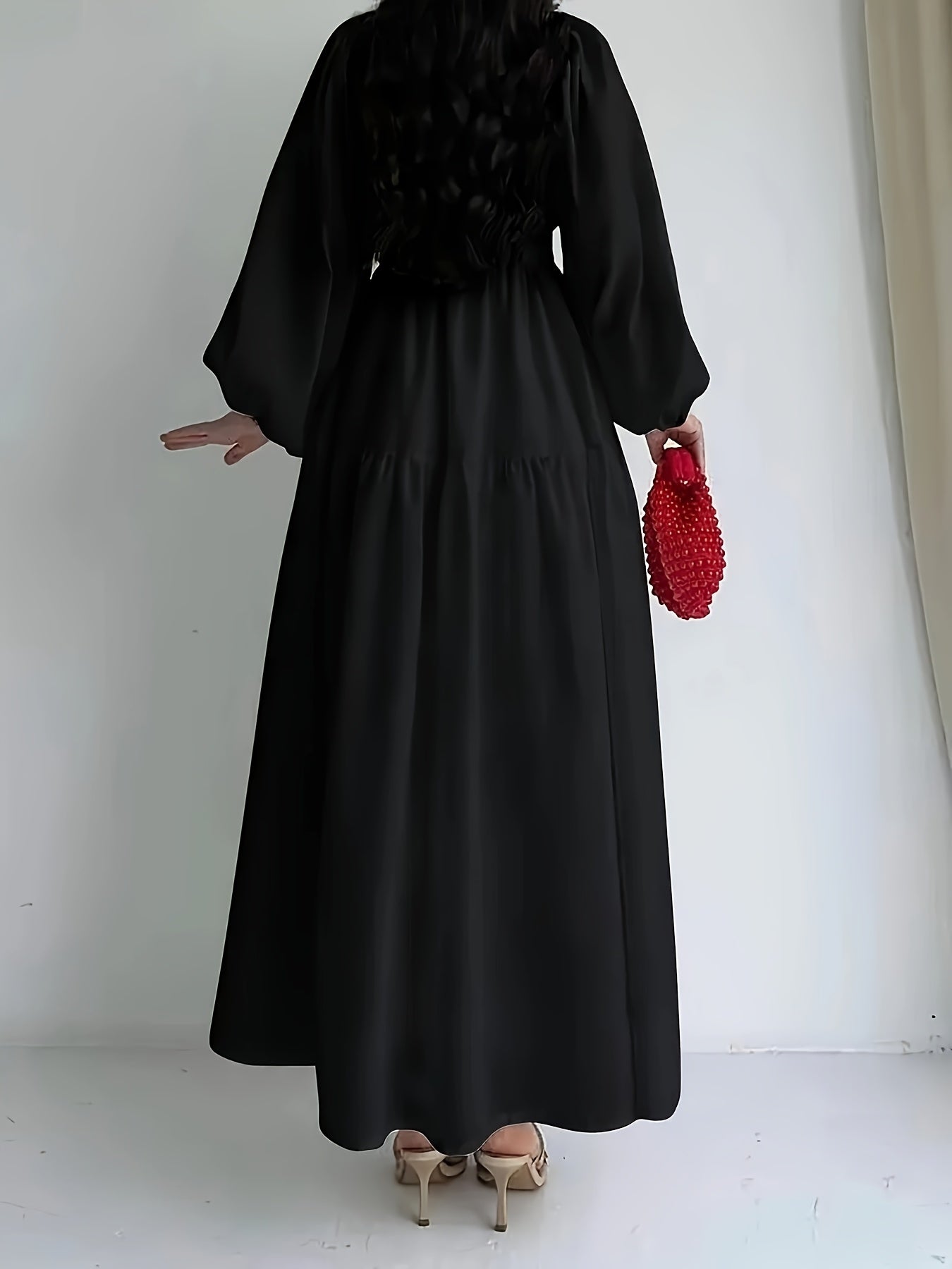 Women's Elegant Red Rose Print Long Sleeve Dress