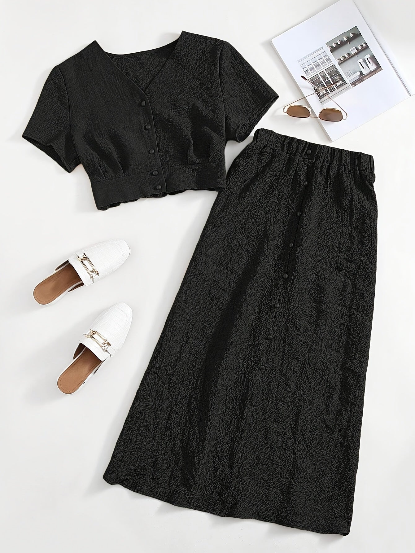 Simple Casual Two-Piece Set with Textured Short Button Front Shirt and Elastic Waist Skirt