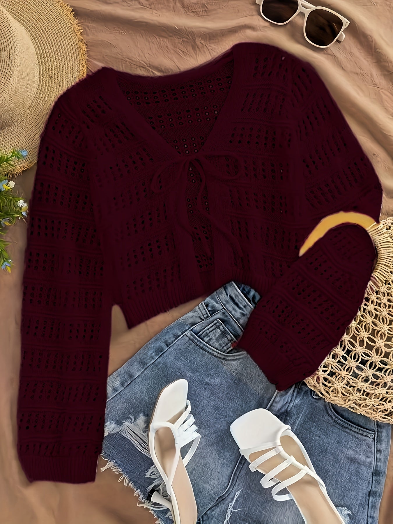 Women's Summer Semi-Sheer Lace Cardigan - V-Neck Crochet Cover-Up with Adjustable Tie Hem, Long Sleeve Beach Vacation Top, Breathable Open Front Design for Casual Outings, Beach Lace Cover Up, Summer Layering Piece, Crochet T