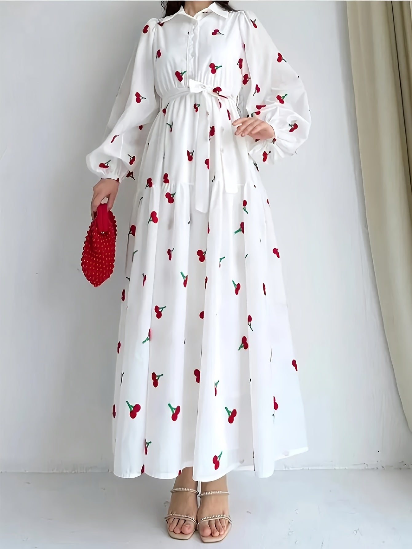 Women's Elegant Red Rose Print Long Sleeve Dress