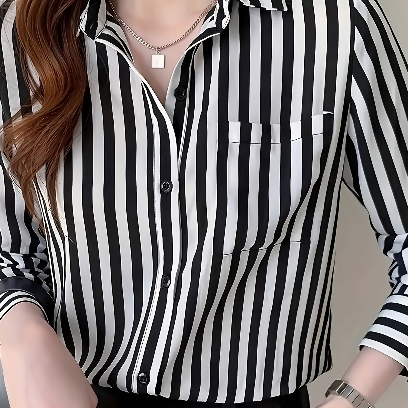 Black & White Striped Women's Casual Button-Up Shirt | Long Sleeve Collared Blouse with Chest Pocket, Polyester Fabric, Machine Washable,