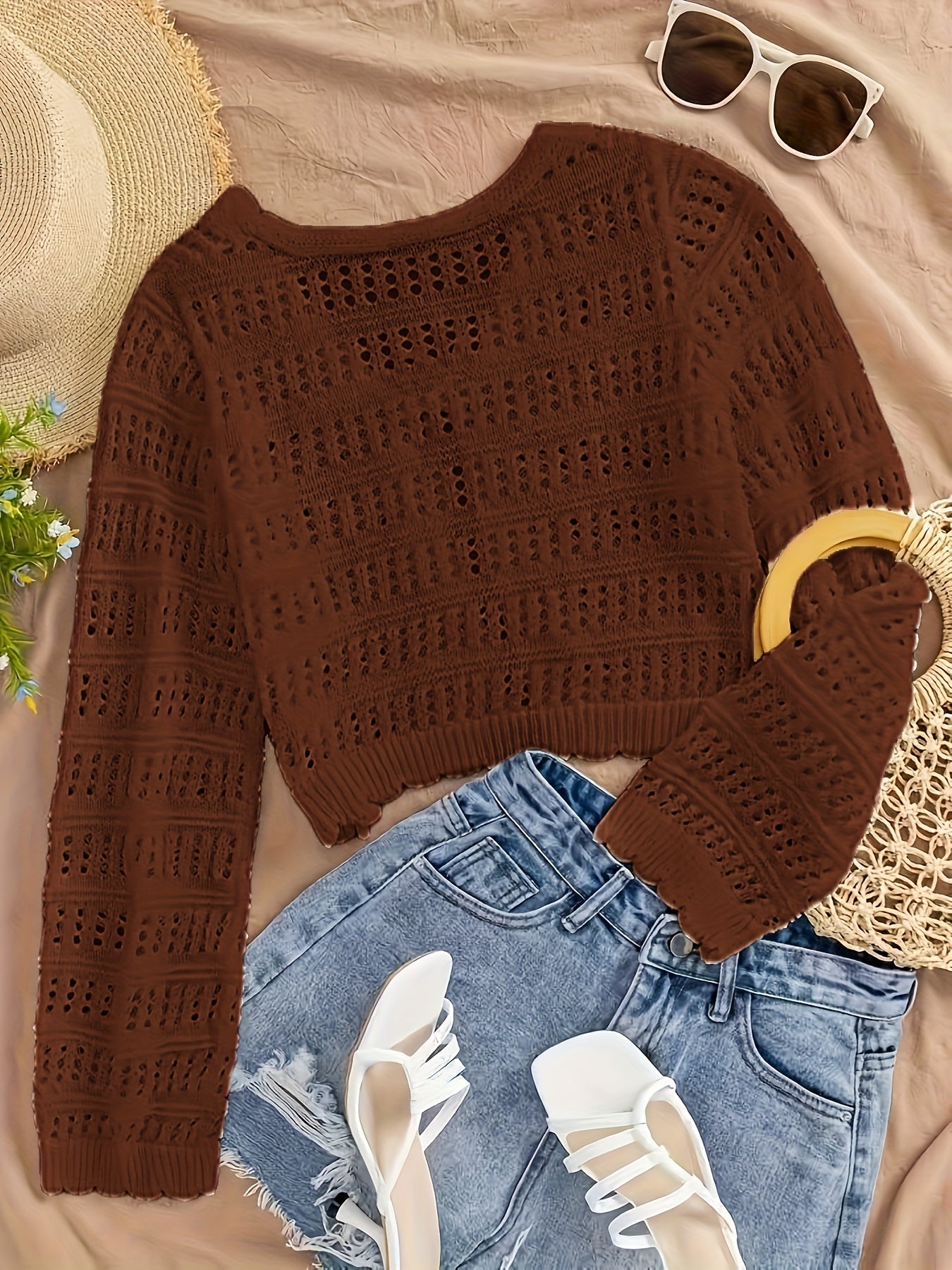 Women's Summer Semi-Sheer Lace Cardigan - V-Neck Crochet Cover-Up with Adjustable Tie Hem, Long Sleeve Beach Vacation Top, Breathable Open Front Design for Casual Outings, Beach Lace Cover Up, Summer Layering Piece, Crochet T