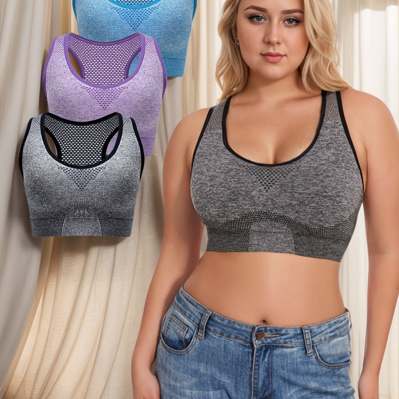 3pcs Breathable Lingerie, Large Size, No Steel Ring, No Trace, Hollow Grid, Thin Sports Yoga Bra, Zero Restriction, Large Size, No Steel Ring, No