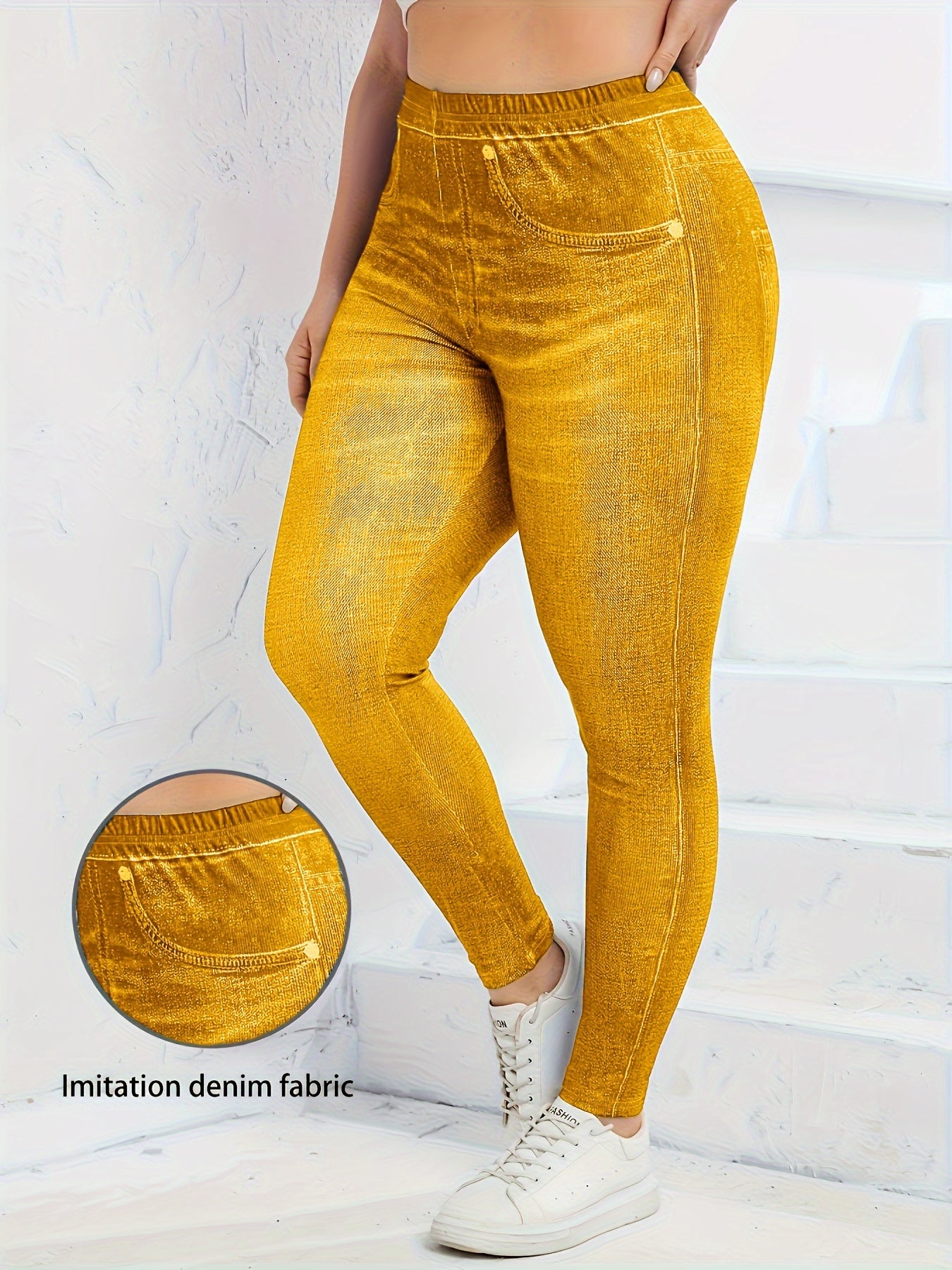 Plus Size Faux Denim Leggings - Ultra-Comfy High Waist Stretchy Design