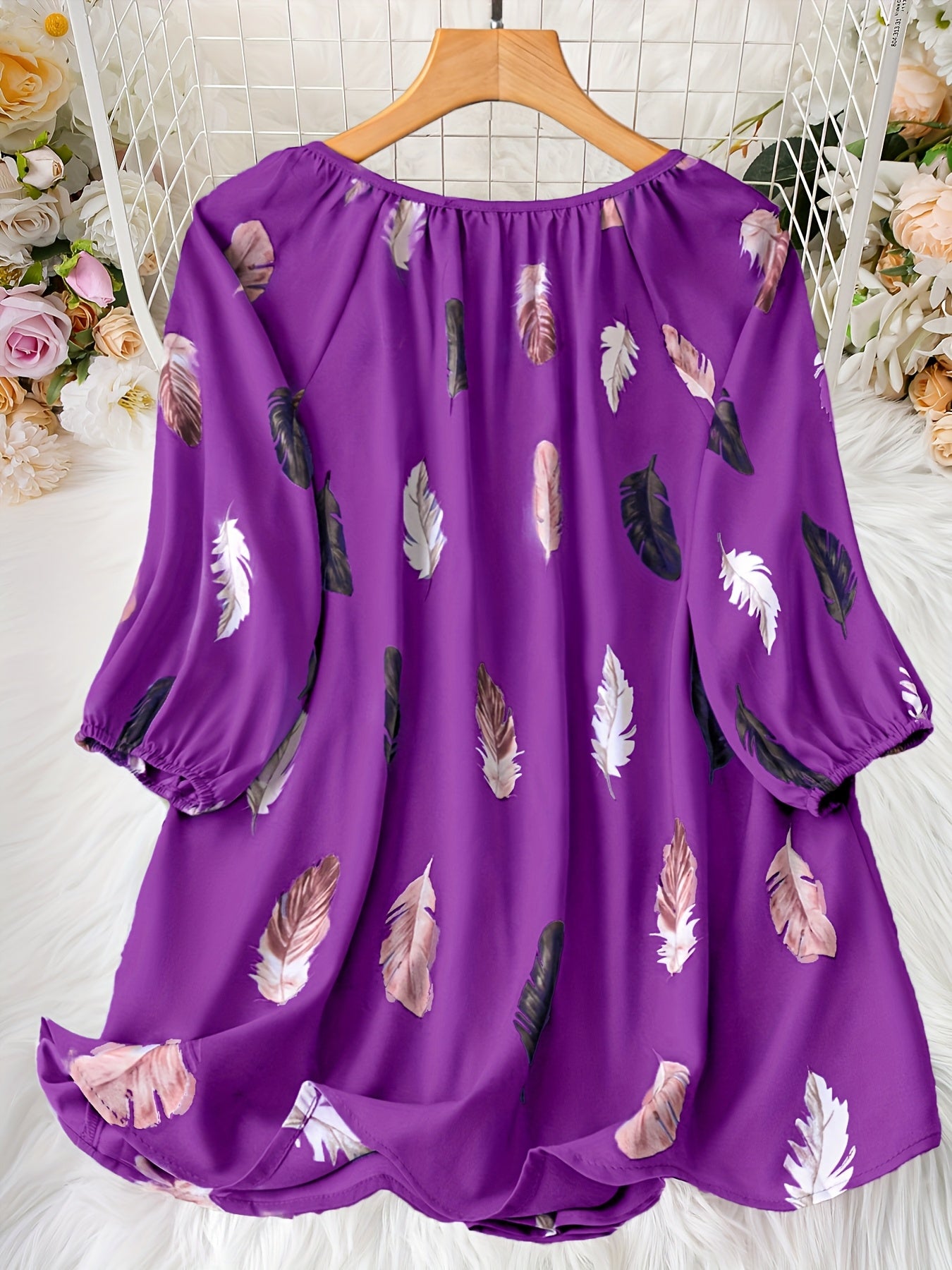 Elegant Notched Collar Shirting Blouse with Print, Non-Stretch