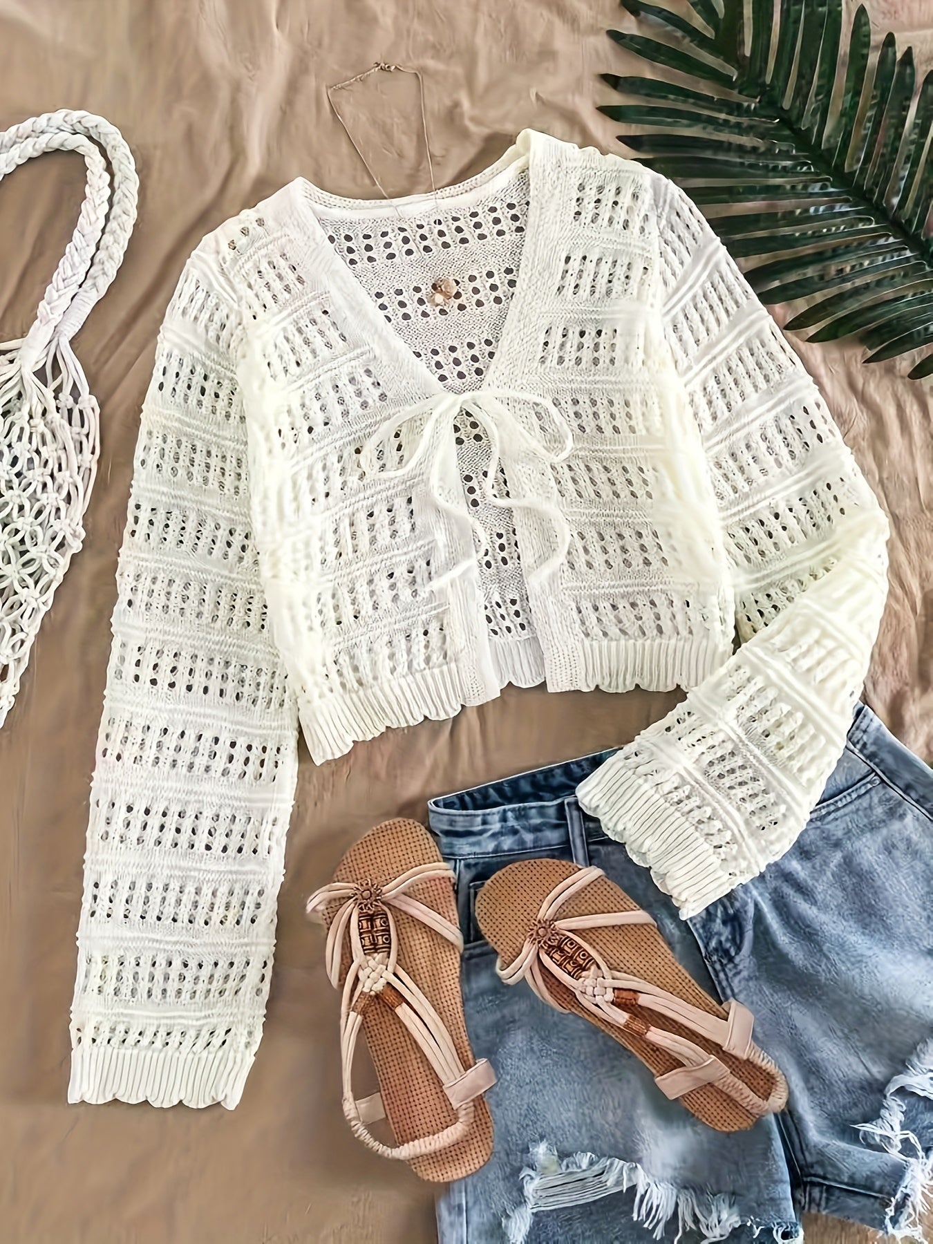 Women's Summer Semi-Sheer Lace Cardigan - V-Neck Crochet Cover-Up with Adjustable Tie Hem, Long Sleeve Beach Vacation Top, Breathable Open Front Design for Casual Outings, Beach Lace Cover Up, Summer Layering Piece, Crochet T