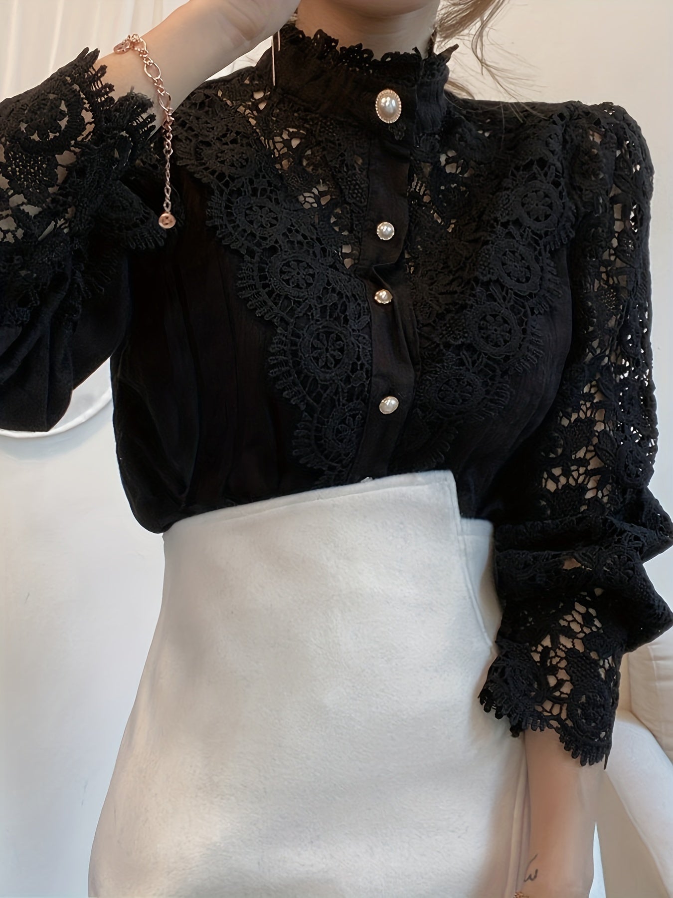 Elegant Women's Pleated Blouse with Sheer Lace