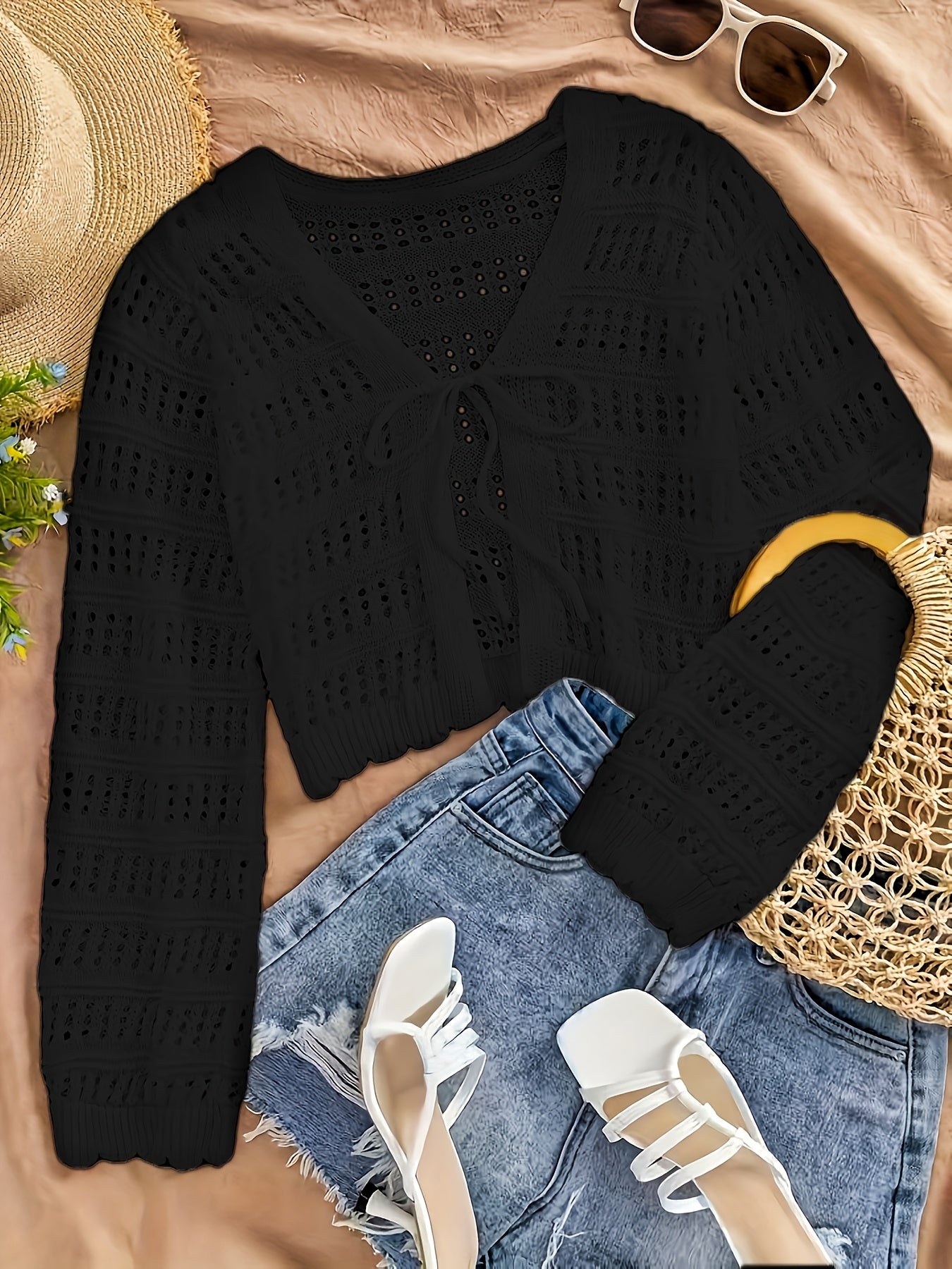 Women's Summer Semi-Sheer Lace Cardigan - V-Neck Crochet Cover-Up with Adjustable Tie Hem, Long Sleeve Beach Vacation Top, Breathable Open Front Design for Casual Outings, Beach Lace Cover Up, Summer Layering Piece, Crochet T