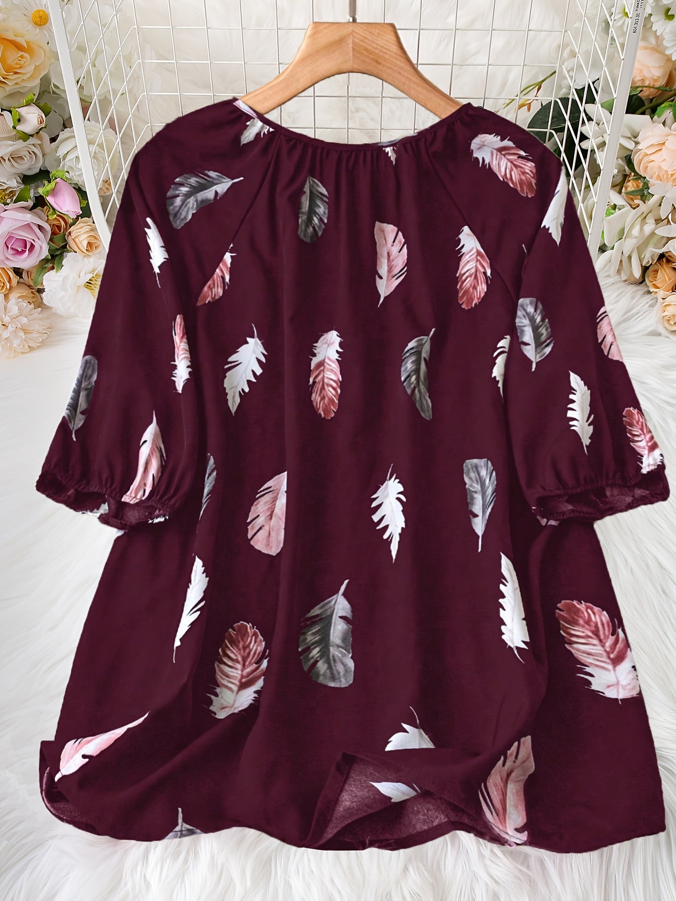 Elegant Notched Collar Shirting Blouse with Print, Non-Stretch