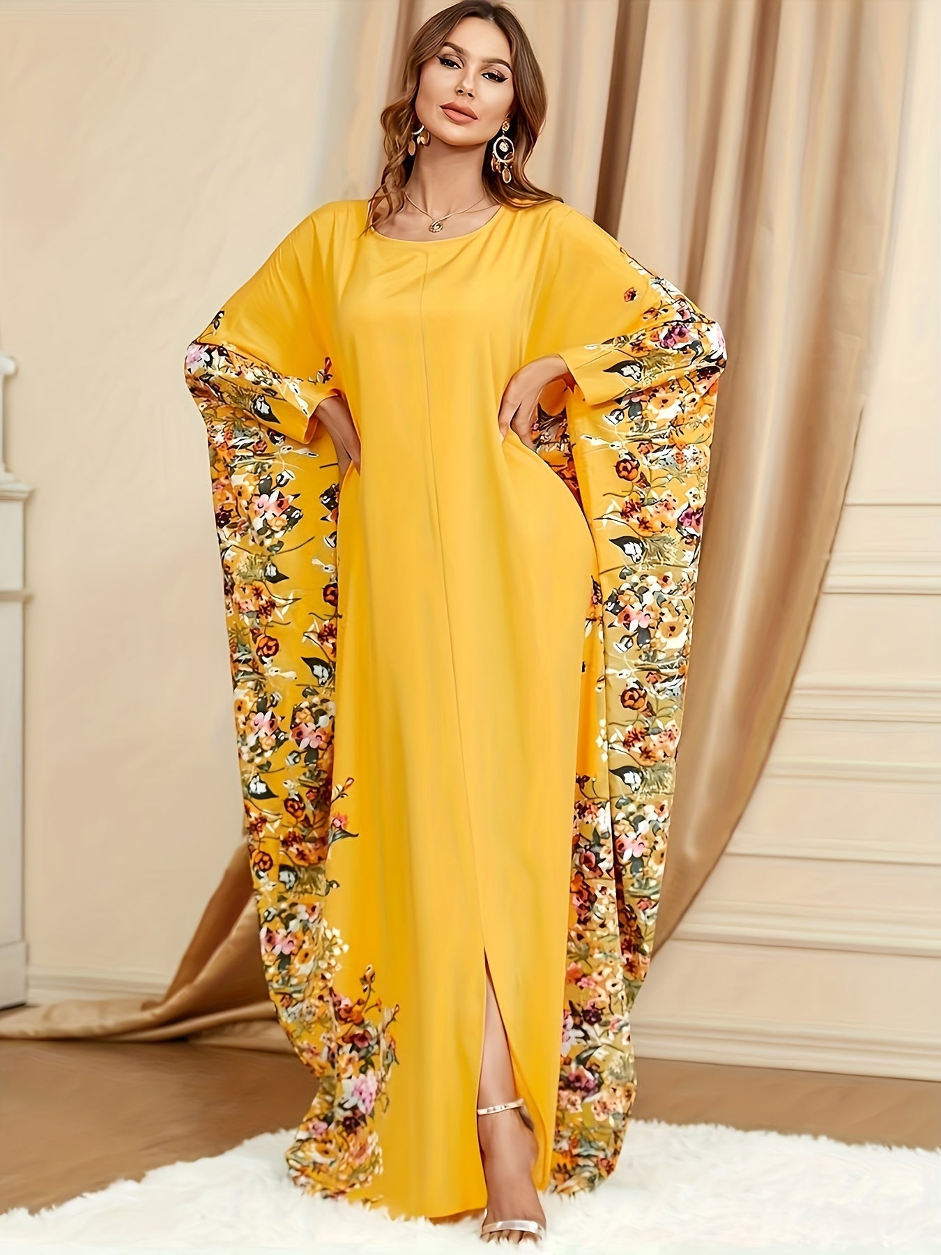Floral Print Polyester Women's Elegant Batwing Sleeve Kaftan Dress
