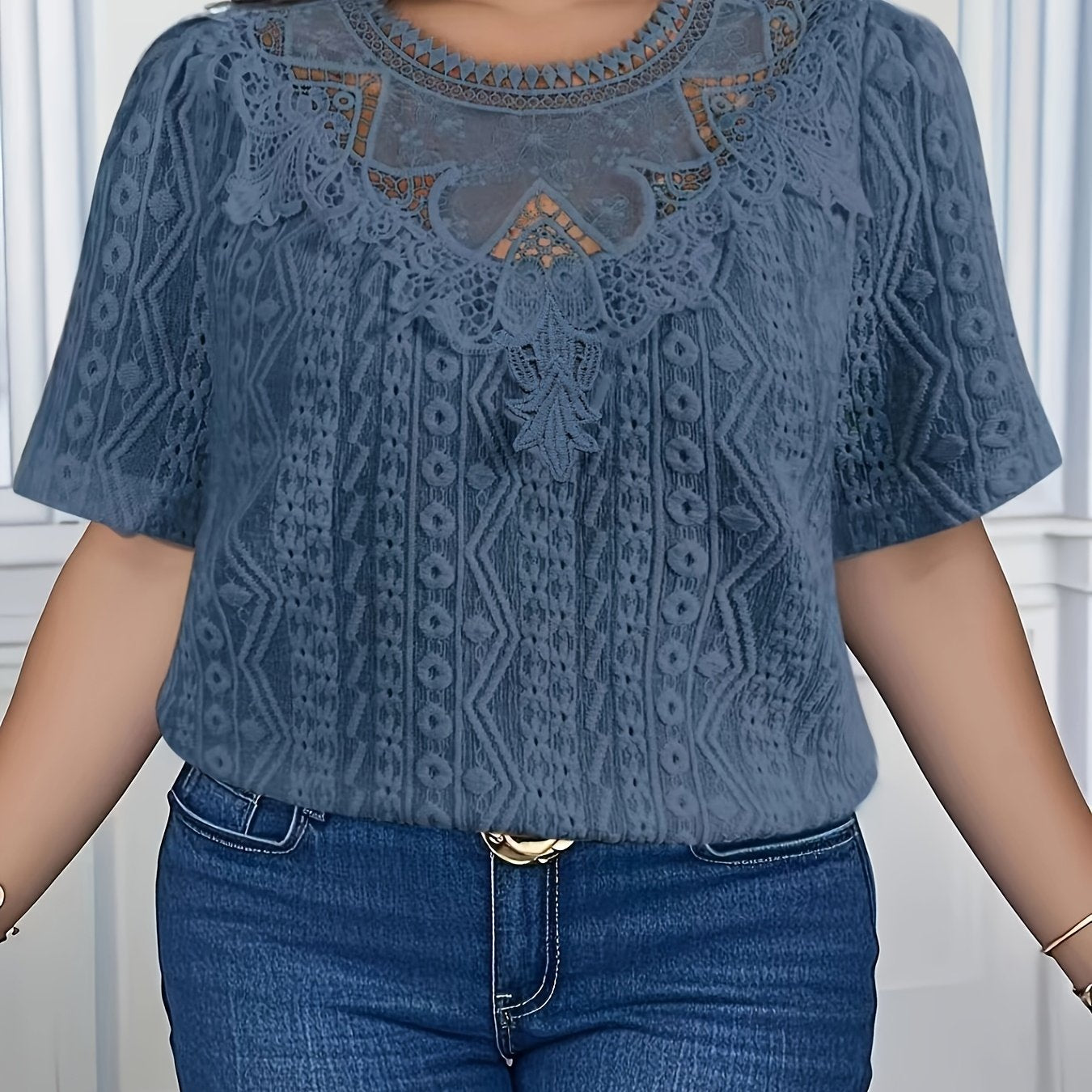 French-Inspired Floral Embroidery Lace Trim Short Sleeve Blouse