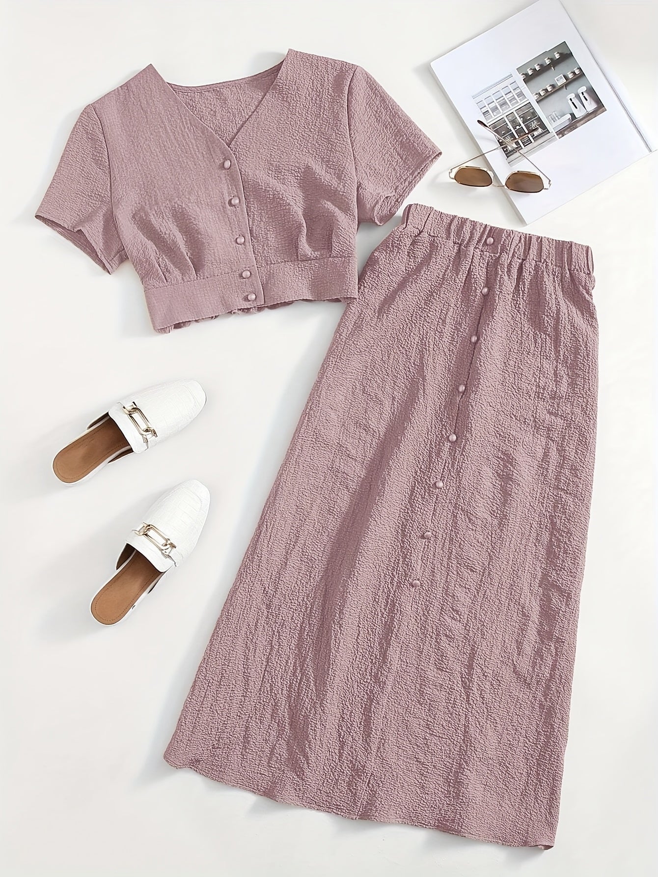 Simple Casual Two-Piece Set with Textured Short Button Front Shirt and Elastic Waist Skirt